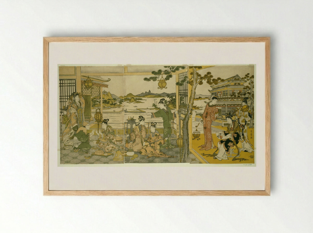 Chinese Beauties at a Banquet - Kitagawa Utamaro - Framed Print Wood