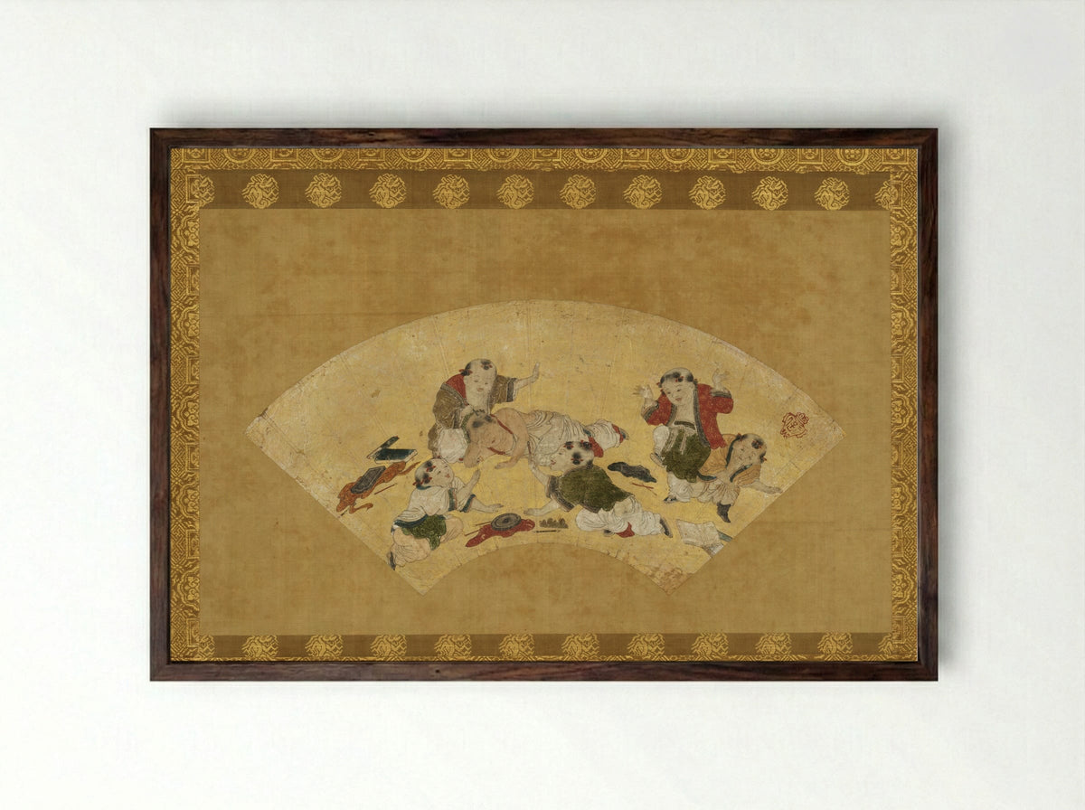 Chinese Boys at Play - Kano Motonobu - Framed Print Dark Wood