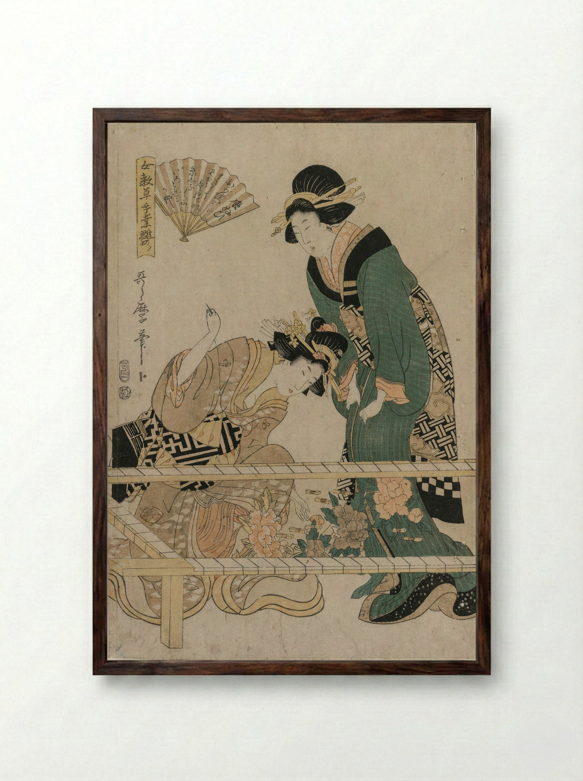 Chinese Embroidery (from the series Instructive Patterns for Women's Handicraft) - Kitagawa Utamaro II - Framed Print Dark Wood