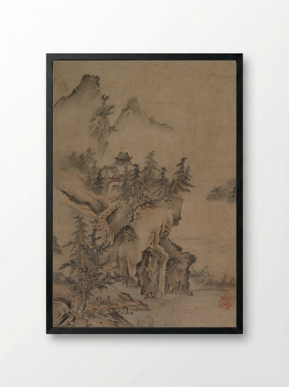 Chinese Literatus Traveling to a Mountain Temple - Kano Hidemasa - Framed Print Black