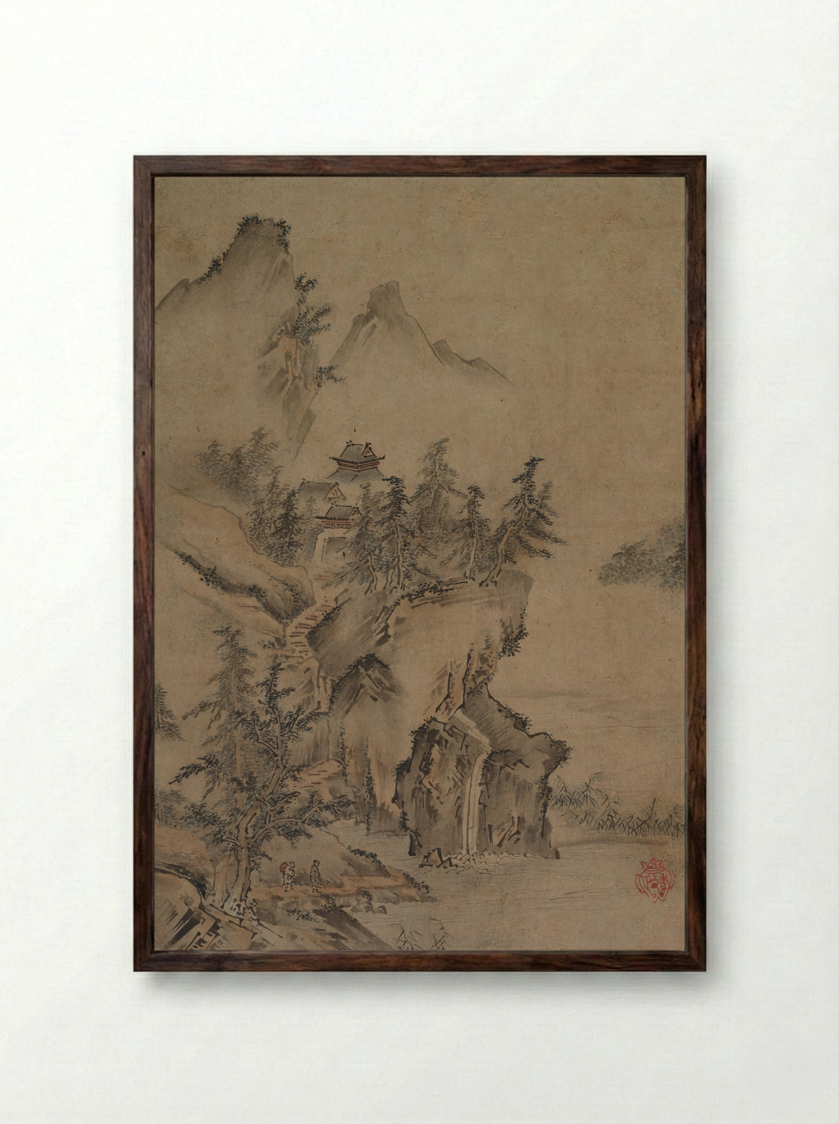 Chinese Literatus Traveling to a Mountain Temple - Kano Hidemasa - Framed Print Dark Wood