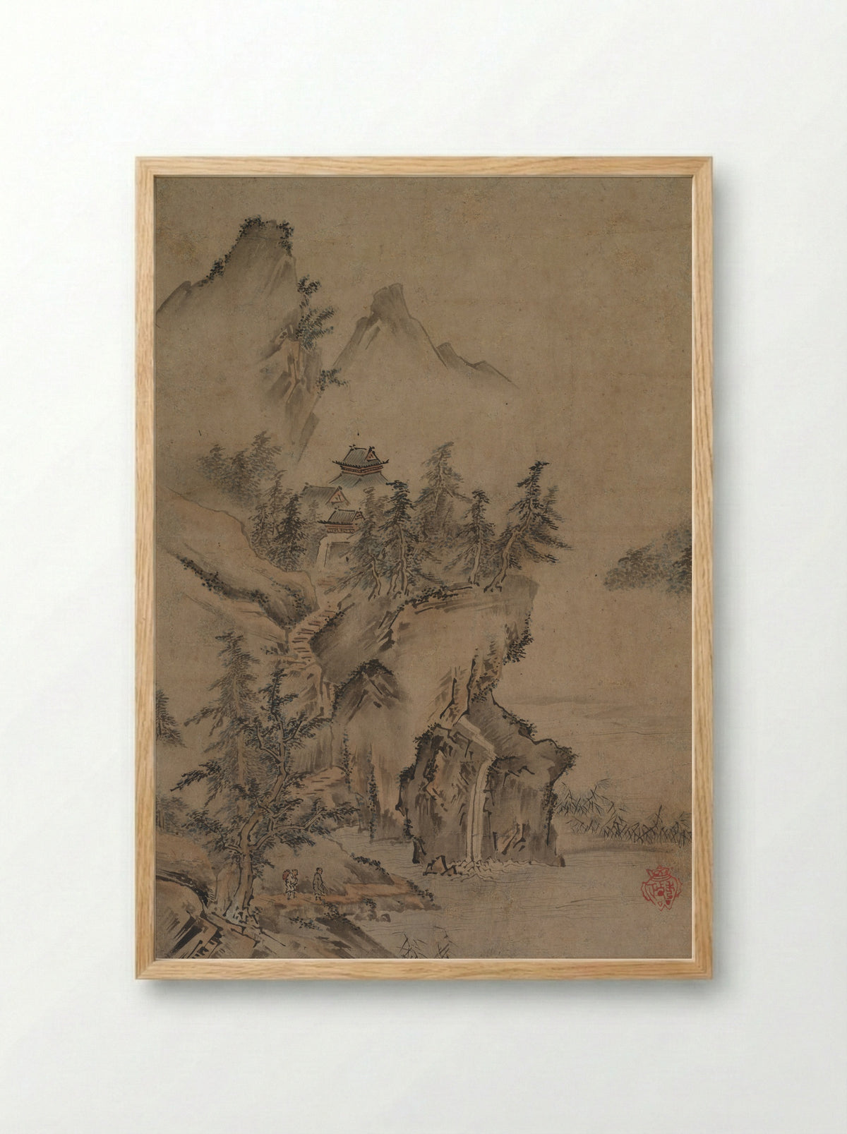 Chinese Literatus Traveling to a Mountain Temple - Kano Hidemasa - Framed Print Wood