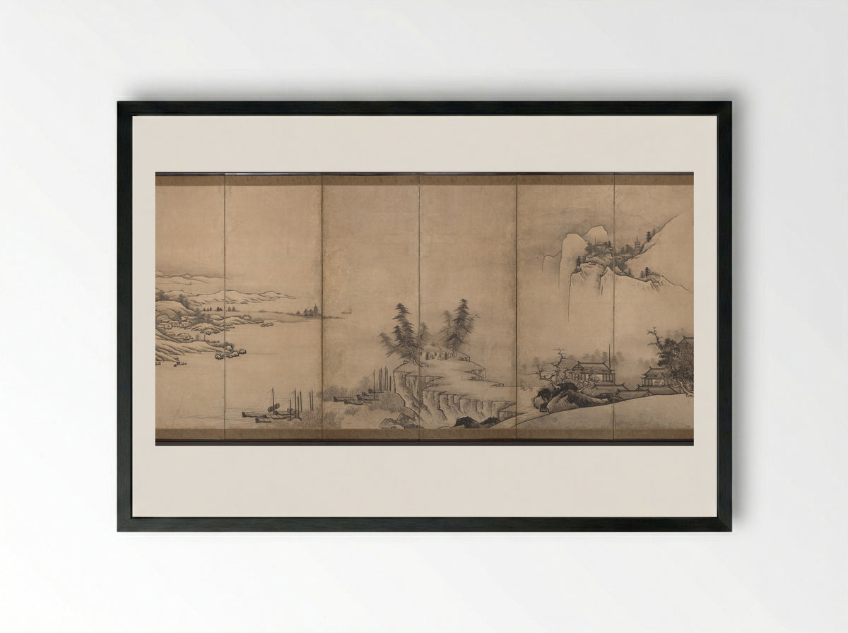 Chinese Pavilions in a Landscape - Unkoku Tōeki - Framed Print Black