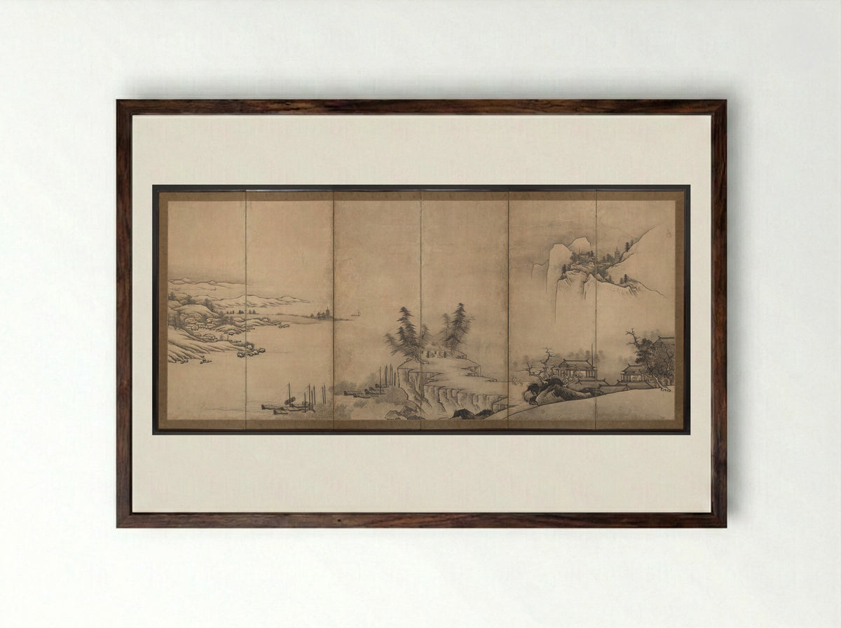 Chinese Pavilions in a Landscape - Unkoku Tōeki - Framed Print Dark Wood