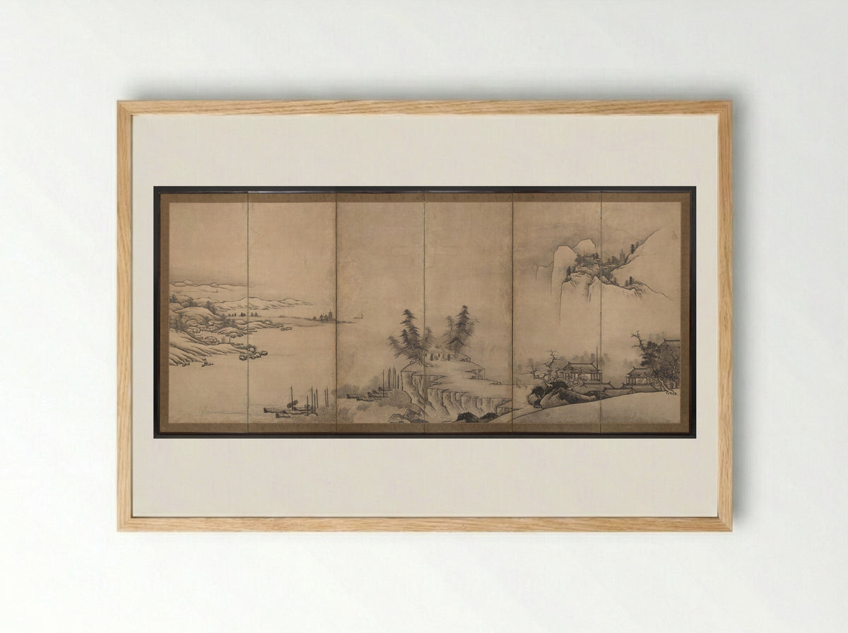 Chinese Pavilions in a Landscape - Unkoku Tōeki - Framed Print Wood