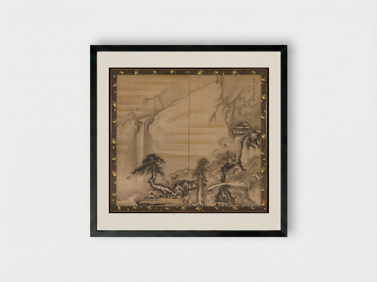 Chinese Scholar Contemplating a Waterfall - Soga Shōhaku - Framed Print Black
