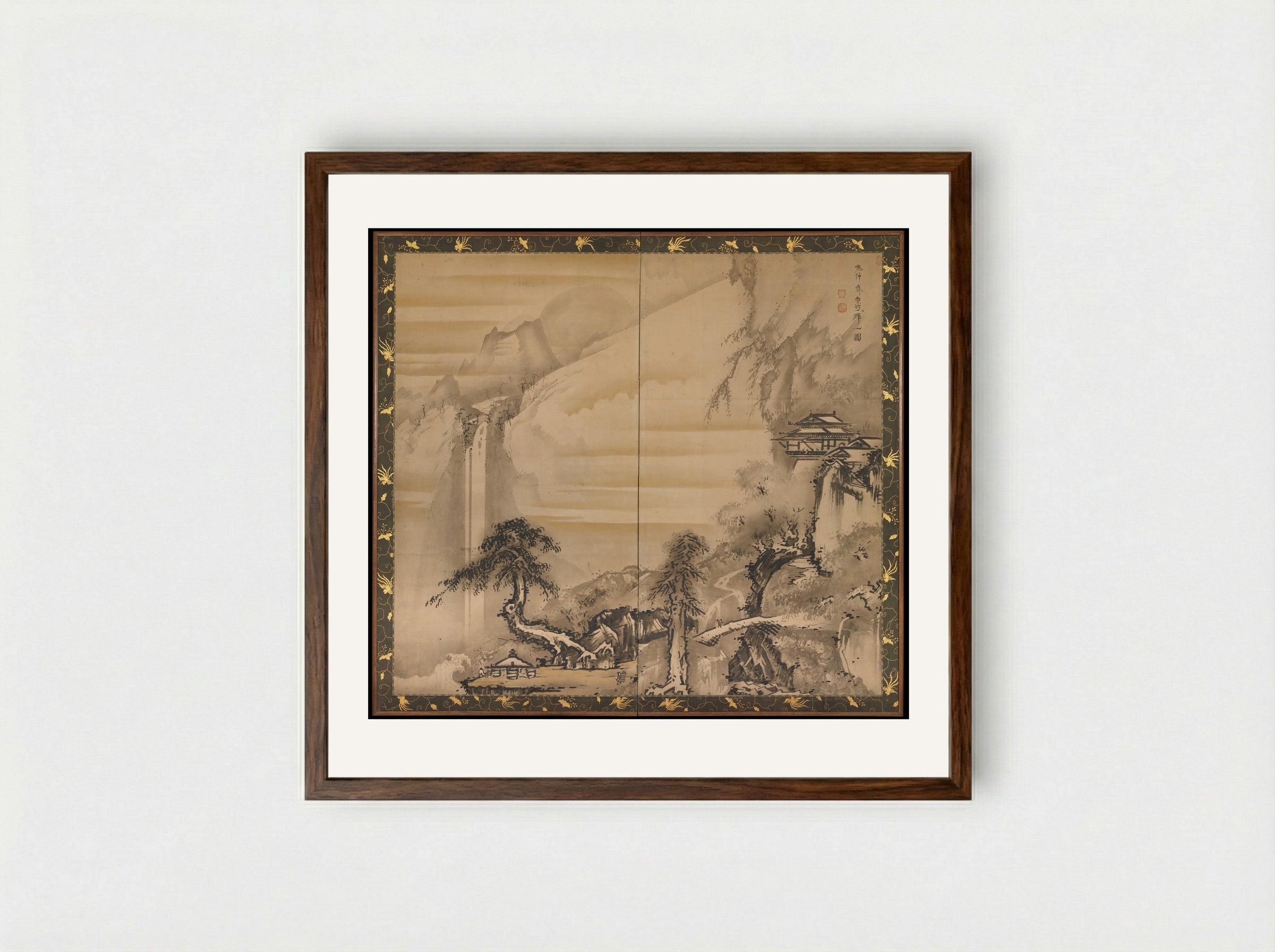 Chinese Scholar Contemplating a Waterfall - Soga Shōhaku - Framed Print Dark Wood