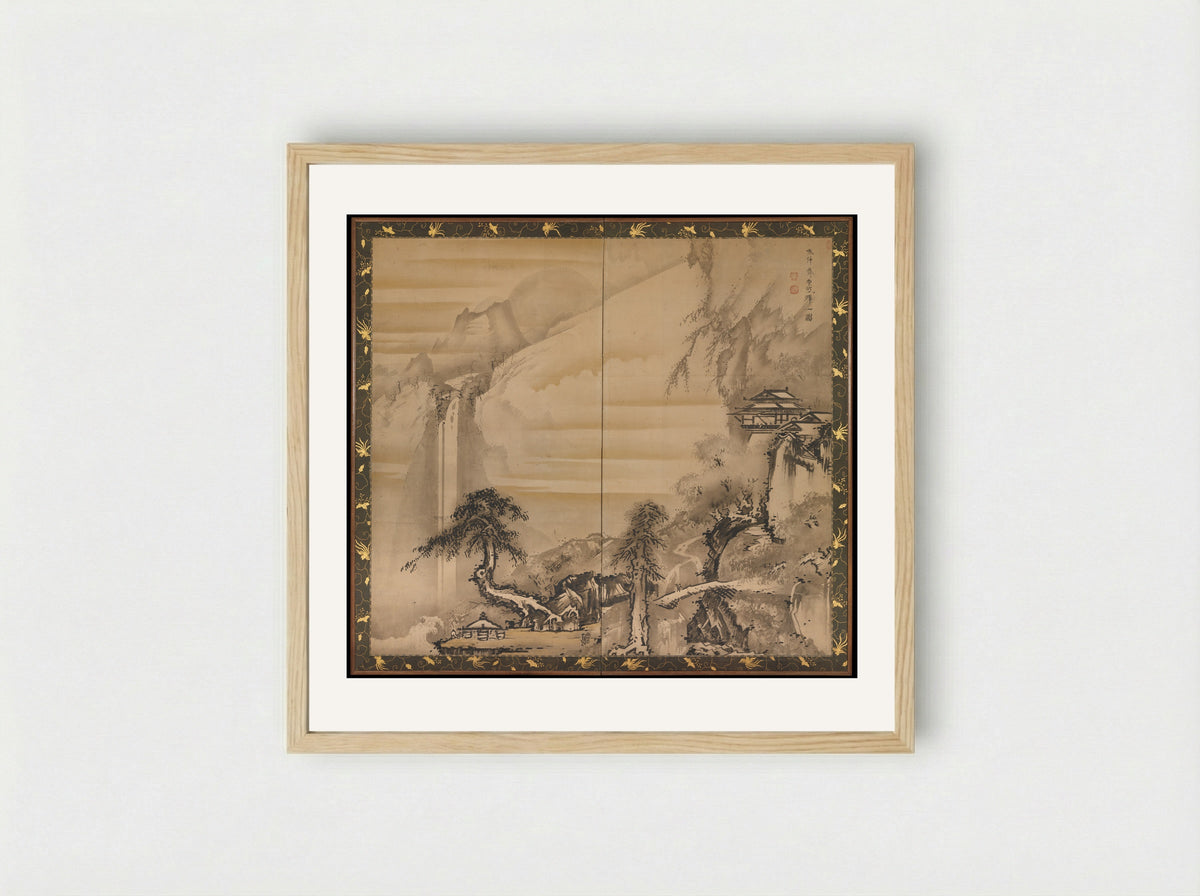 Chinese Scholar Contemplating a Waterfall - Soga Shōhaku - Framed Print Wood