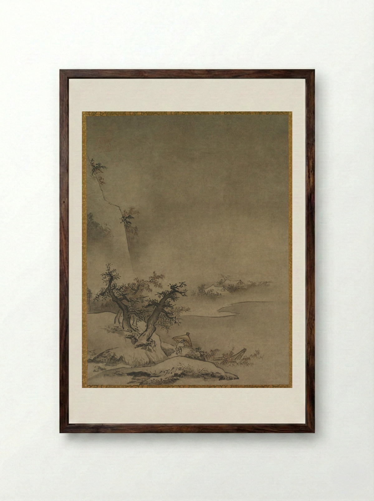 Chinese Servant Walking in the Rain - Gakuō Zōkyū - Framed Print Dark Wood