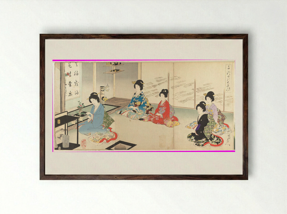 Chiyoda Inner Palace: No. 20 Flower Arranging in Turn - Hashimoto Chikanobu - Framed Print Dark Wood