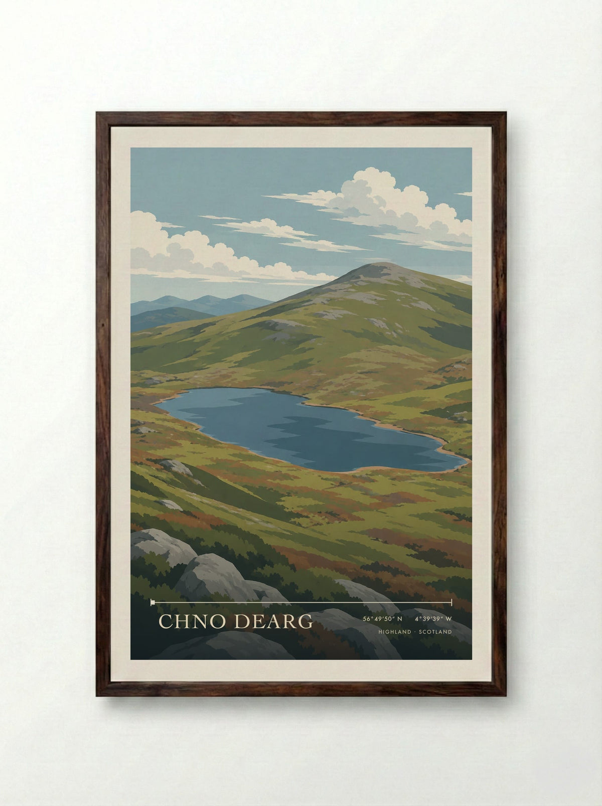 Chno Dearg, Highland | Travel Poster - Framed Print Dark Wood
