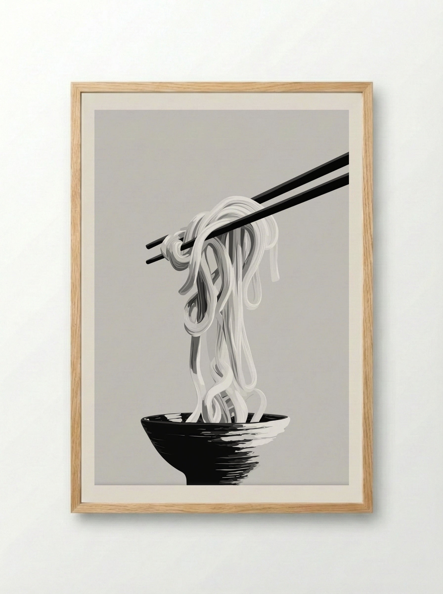Chopsticks & Noodles – Minimalist Monochrome Food Print.png - Framed Print Wood