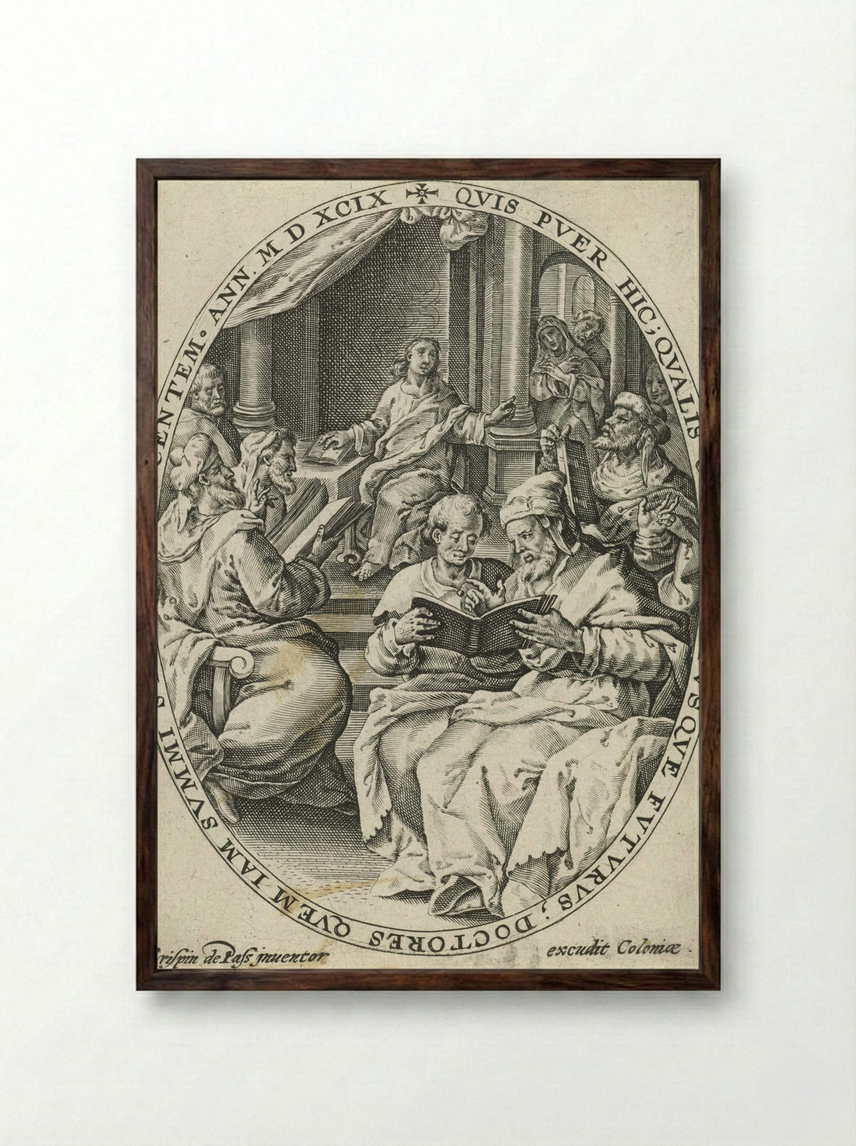 Christ Among the Doctors - Crispijn van de Passe (I) - Framed Print Dark Wood