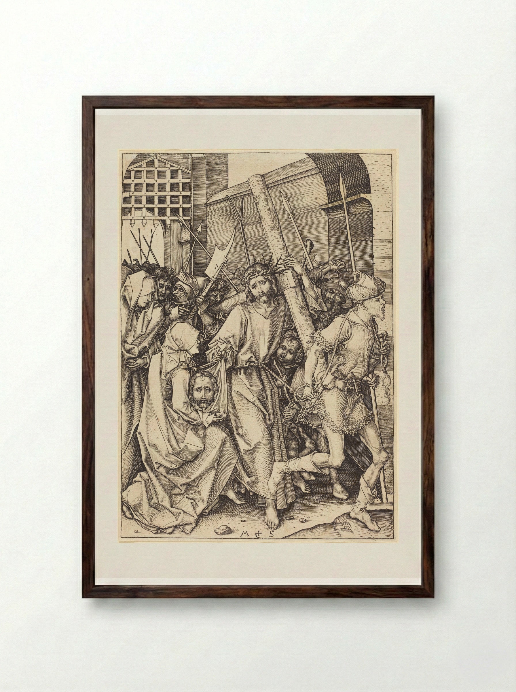 Christ Bearing the Cross, with Saint Veronica - Martin Schongauer - Framed Print Dark Wood