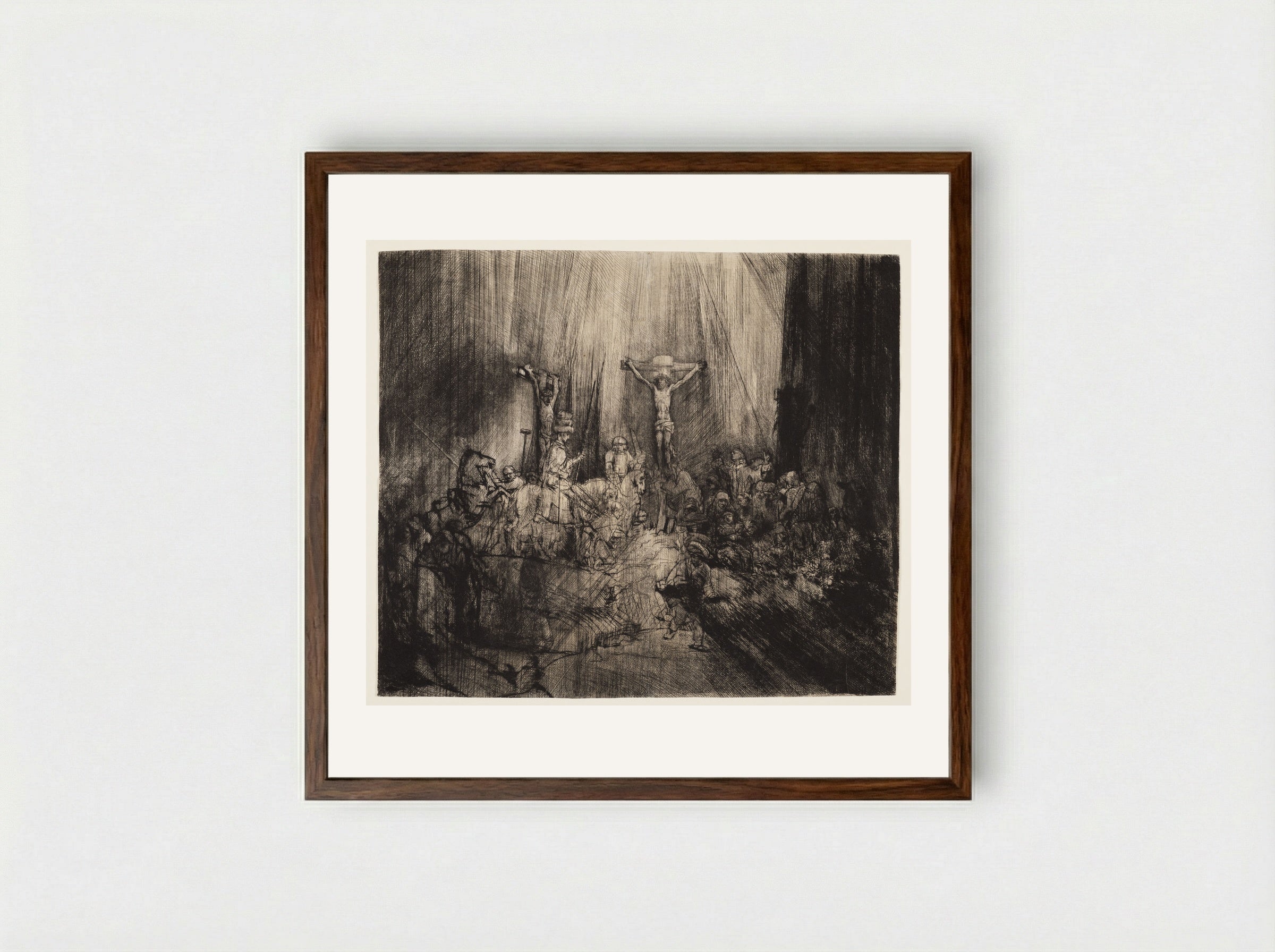 Christ Crucified between the Two Thieves - Rembrandt Harmensz. van Rijn - Framed Print Dark Wood