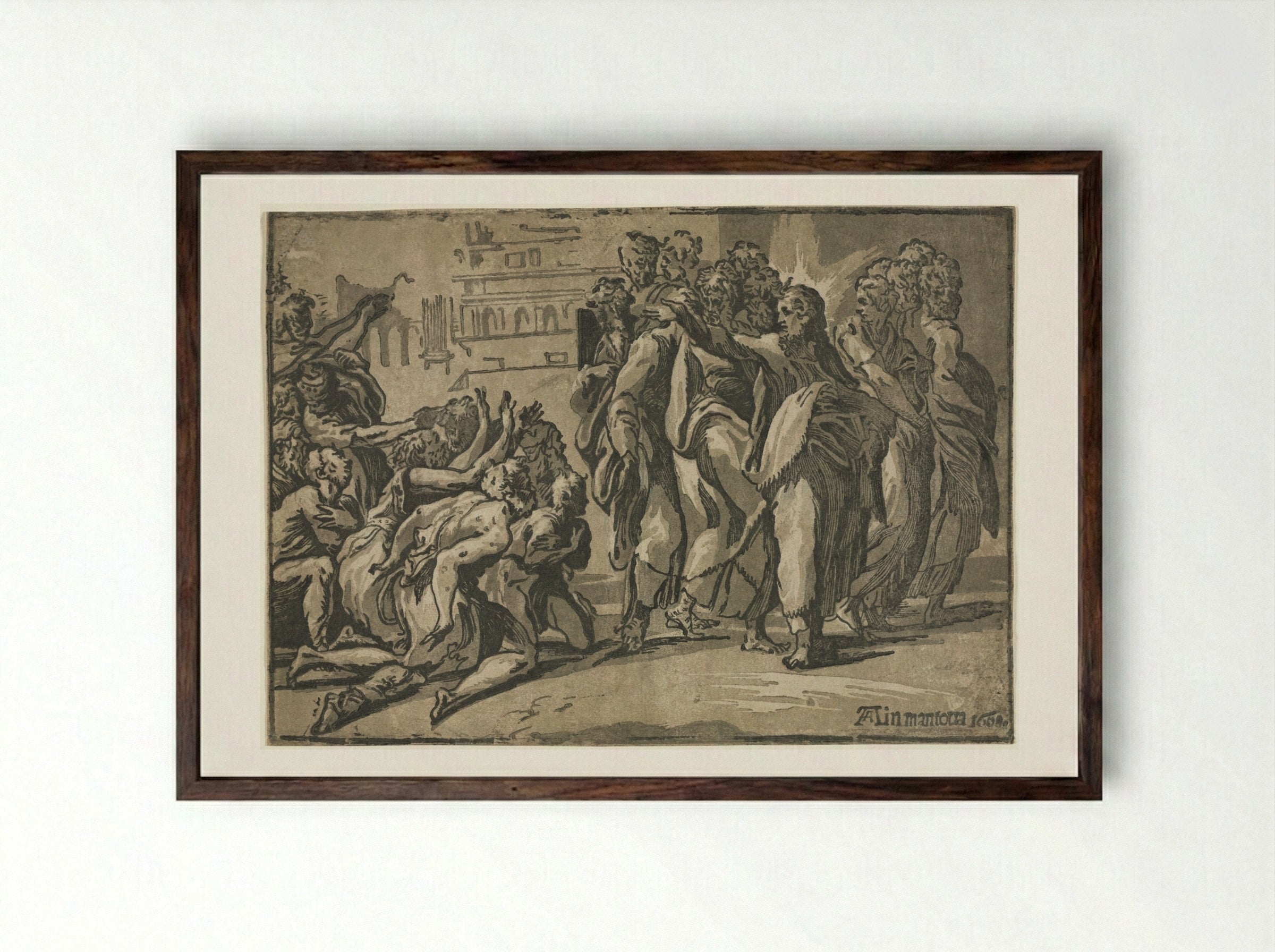 Christ Healing the Lepers - Andrea Andreani - Framed Print Dark Wood