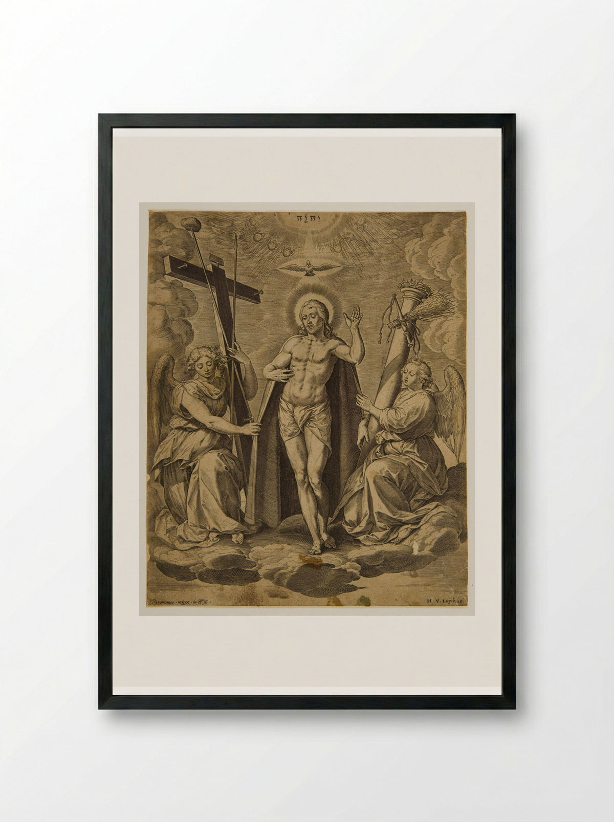 Christ Standing between Two Angels who Support the Instruments of the Passion - Hieronymus Wierix - Framed Print Black