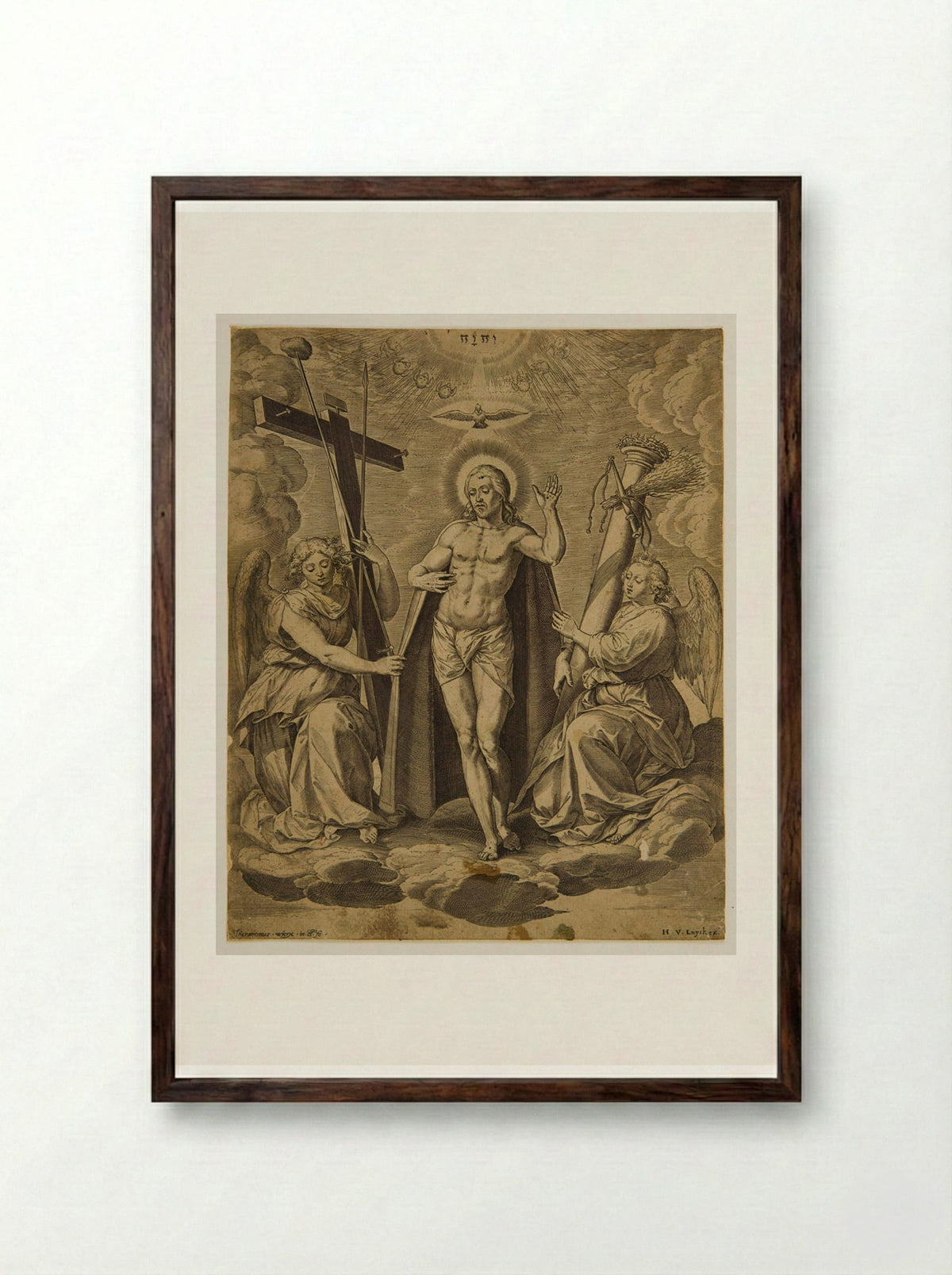 Christ Standing between Two Angels who Support the Instruments of the Passion - Hieronymus Wierix - Framed Print Dark Wood