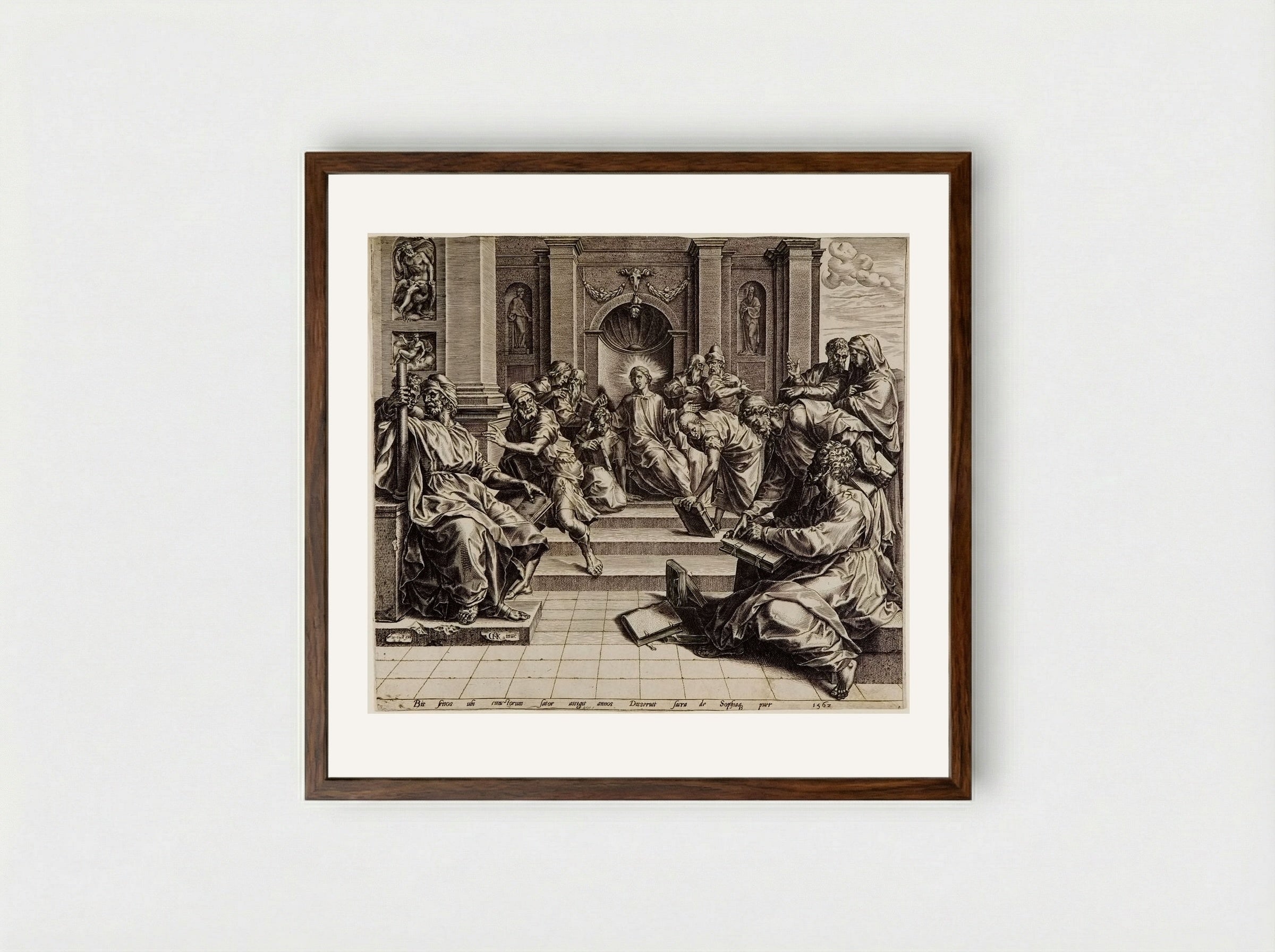 Christ among the Doctors - Cornelis Cort - Framed Print Dark Wood