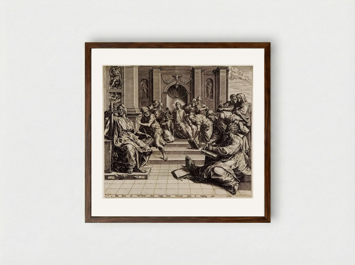 Christ among the Doctors - Cornelis Cort - Framed Print Dark Wood