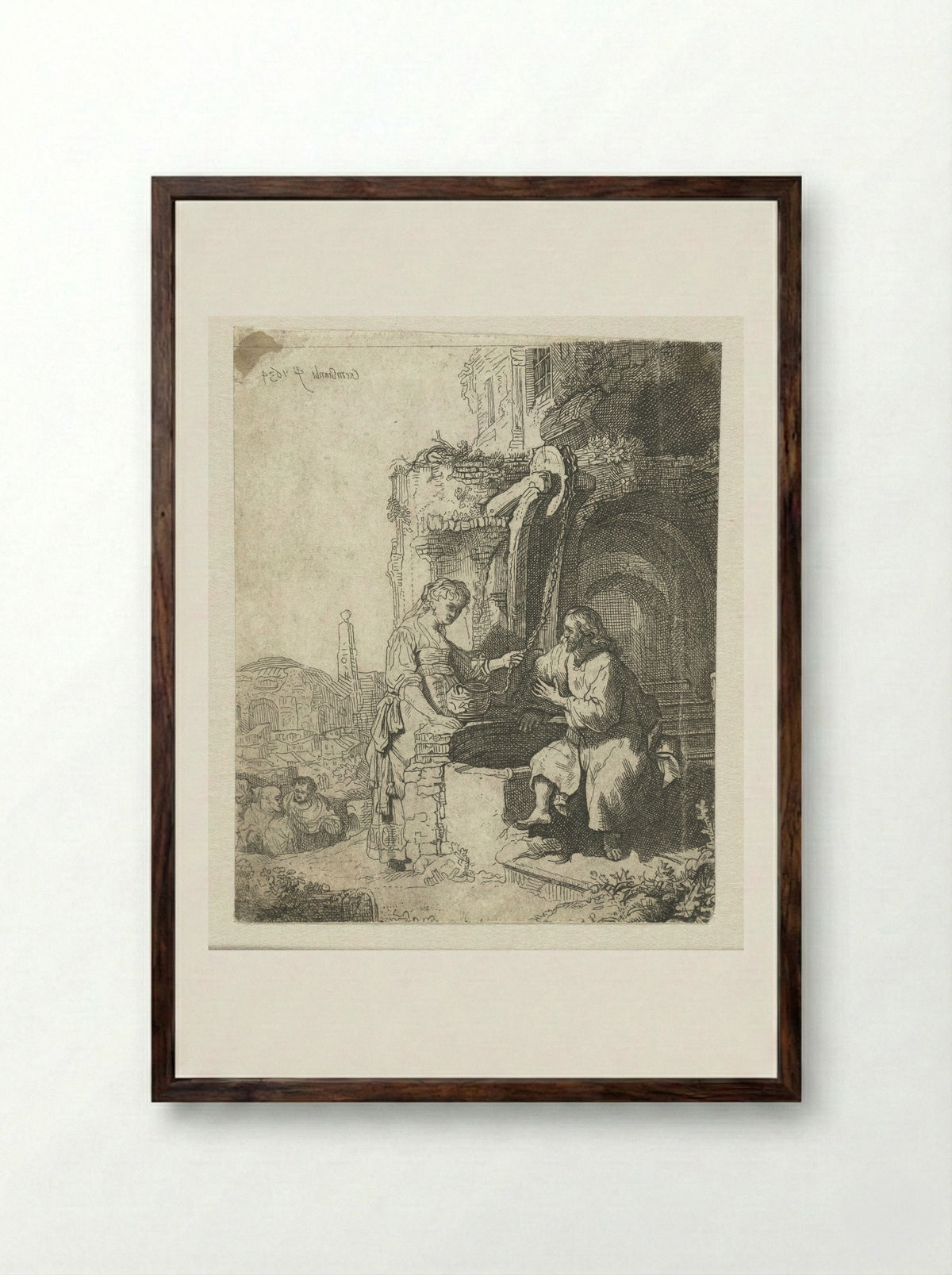 Christ and the Woman of Samaria Among Ruins - Rembrandt van Rijn - Framed Print Dark Wood