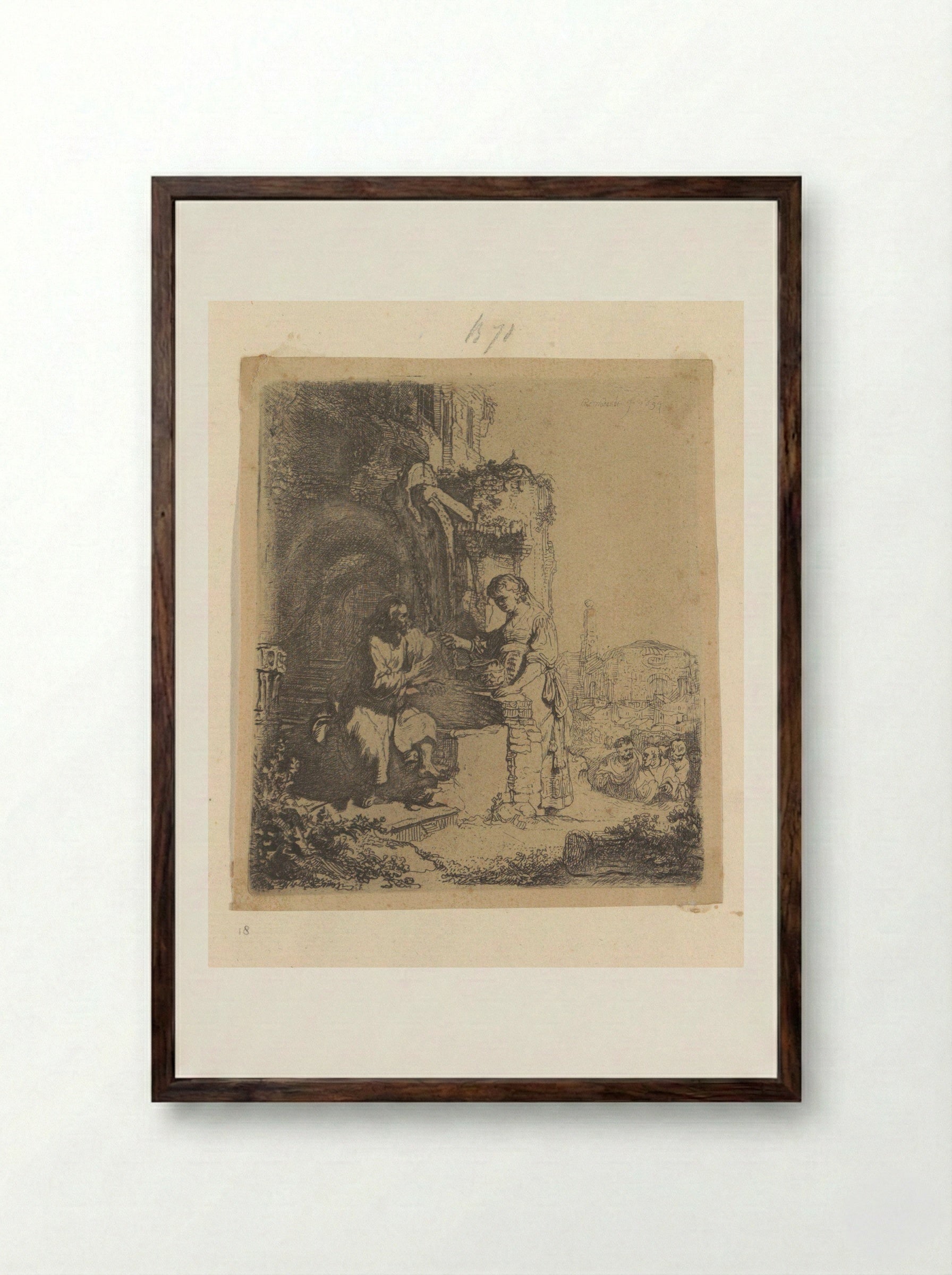 Christ and the Woman of Samaria: Ruins in the Background - Henry Louis Basan - Framed Print Dark Wood