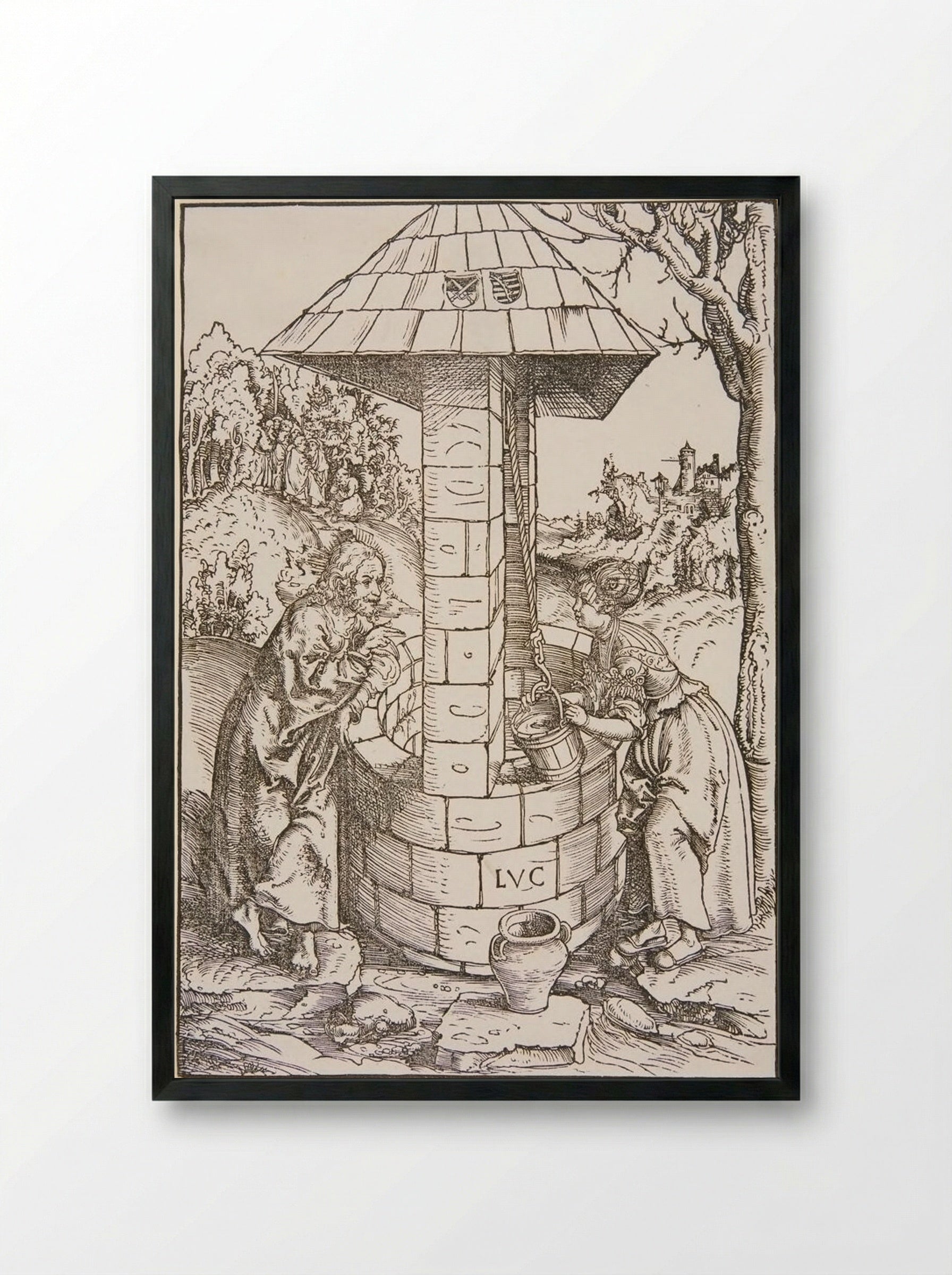 Christ and the Woman of Samaria - Lucas Cranach the Elder - Framed Print Black