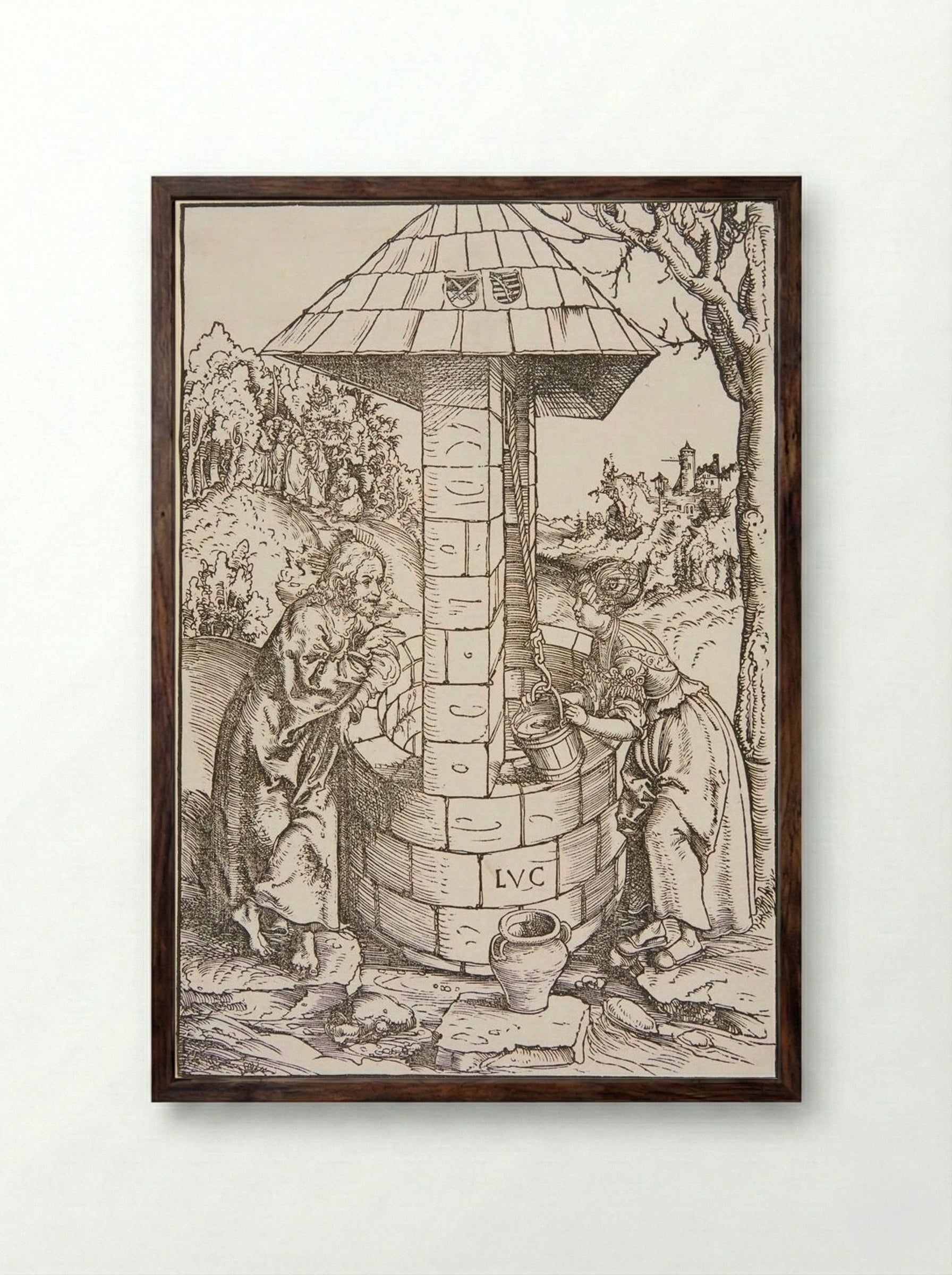 Christ and the Woman of Samaria - Lucas Cranach the Elder - Framed Print Dark Wood