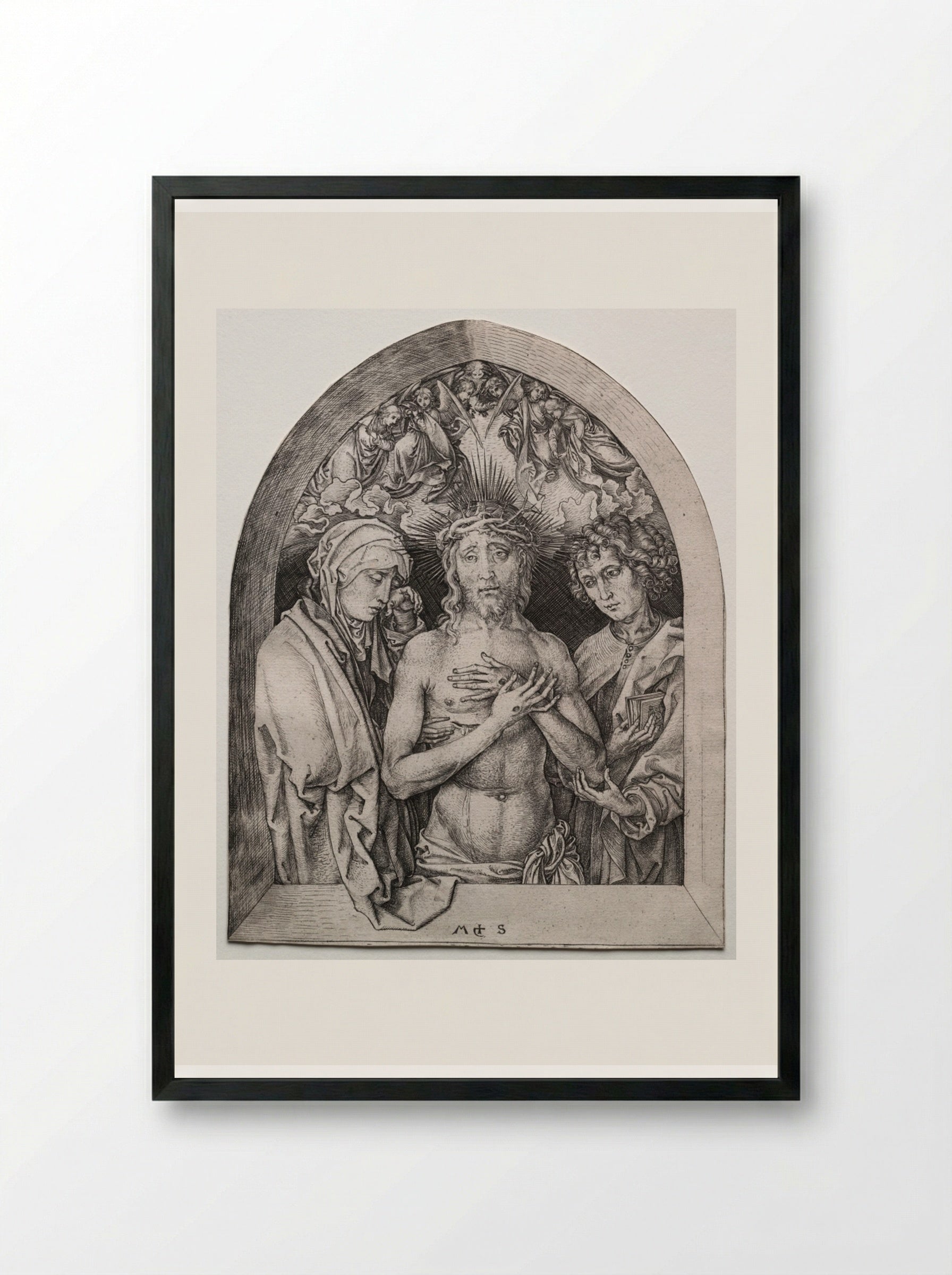 Christ as the Man of Sorrows between the Virgin and St. John - Martin Schongauer - Framed Print Black