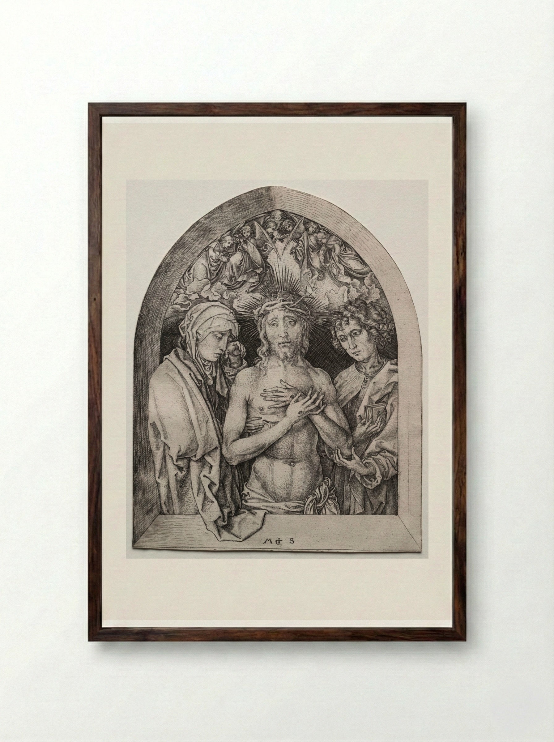 Christ as the Man of Sorrows between the Virgin and St. John - Martin Schongauer - Framed Print Dark Wood