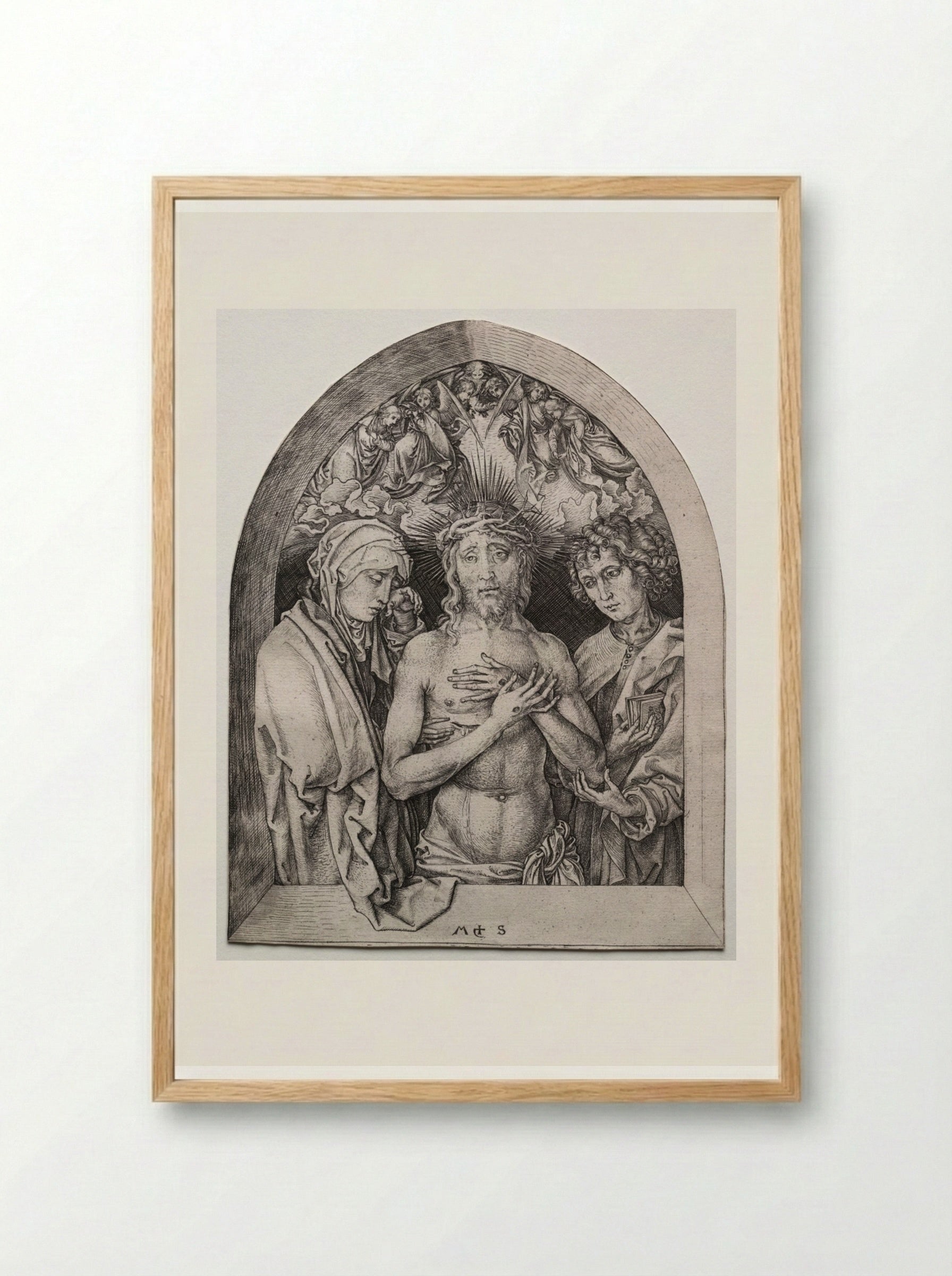 Christ as the Man of Sorrows between the Virgin and St. John - Martin Schongauer - Framed Print Wood