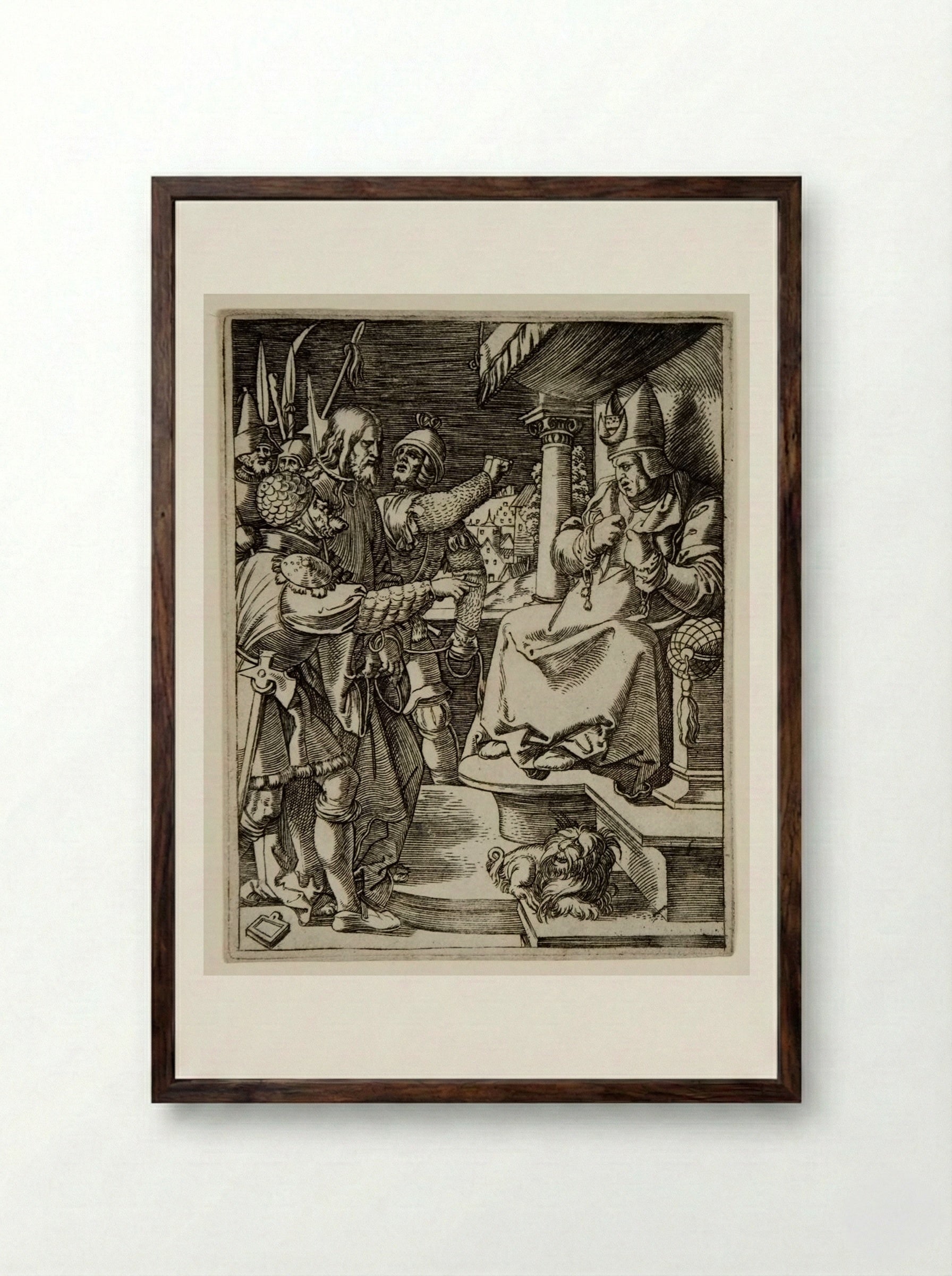 Christ before Caiphas - Marcantonio Raimondi - Framed Print Dark Wood