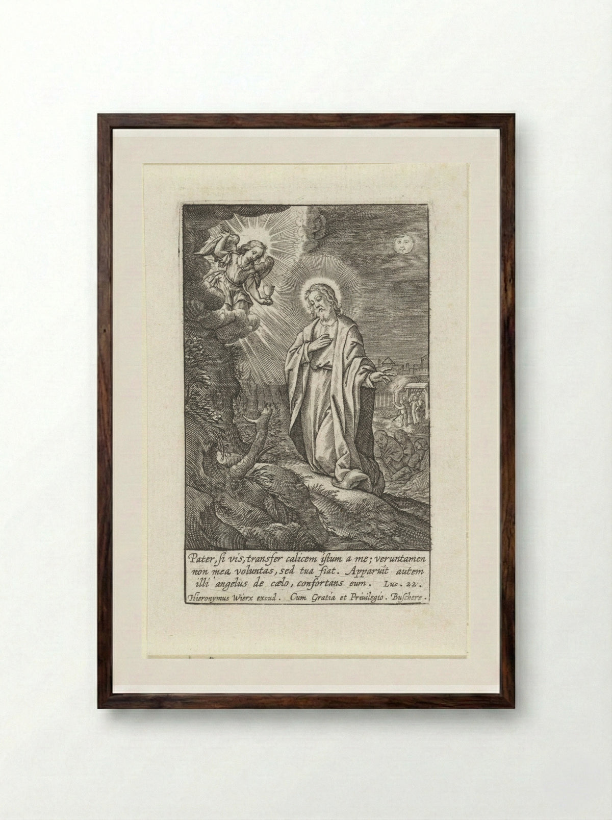 Christ in the Garden of Gethsemane - Hieronymus Wierix - Framed Print Dark Wood