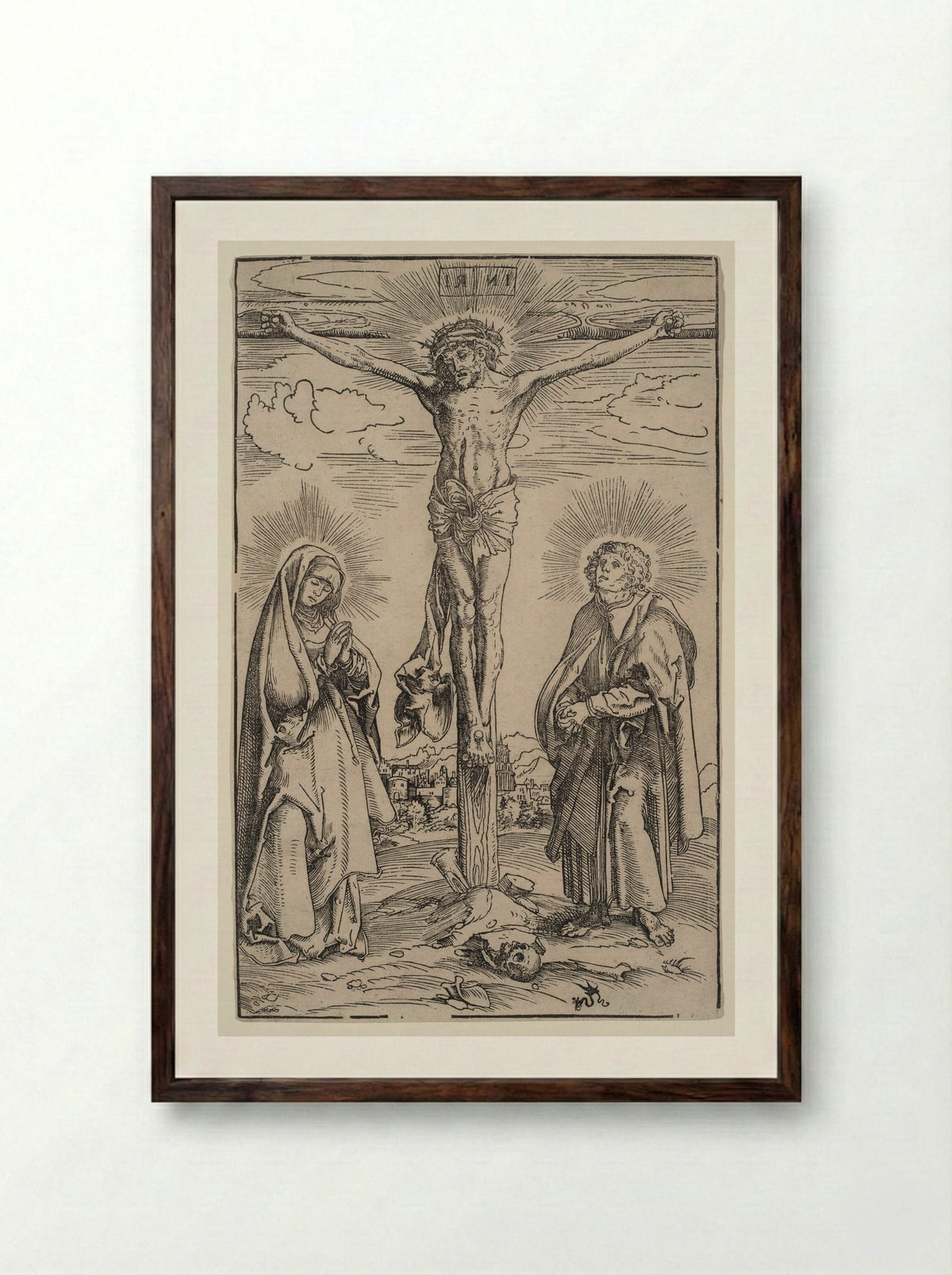 Christ on the Cross, Between the Virgin and Saint John - Lucas Cranach the Elder - Framed Print Dark Wood
