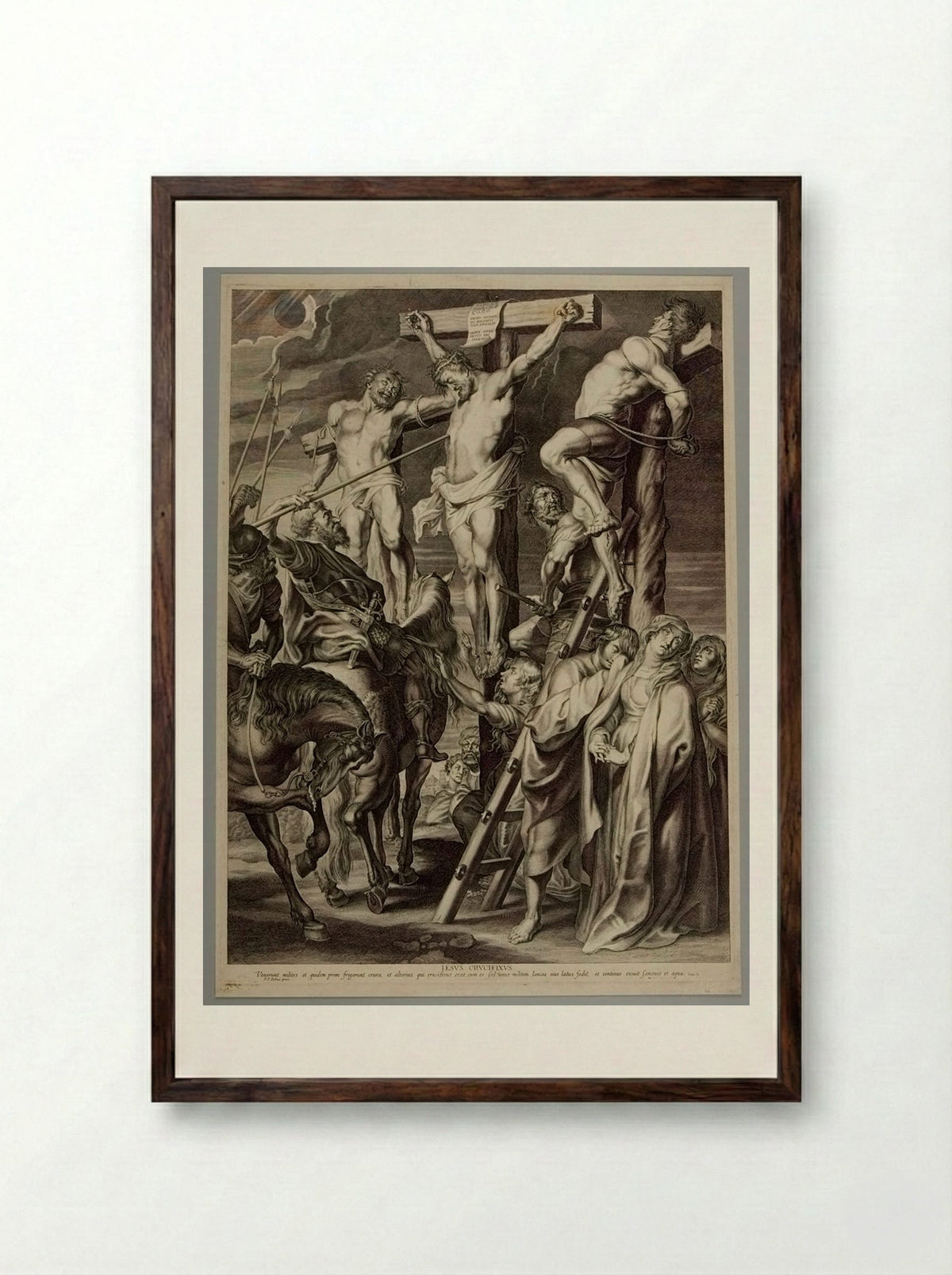 Christ on the Cross between Two Thieves - Boetius Adamsz. Bolswert - Framed Print Dark Wood