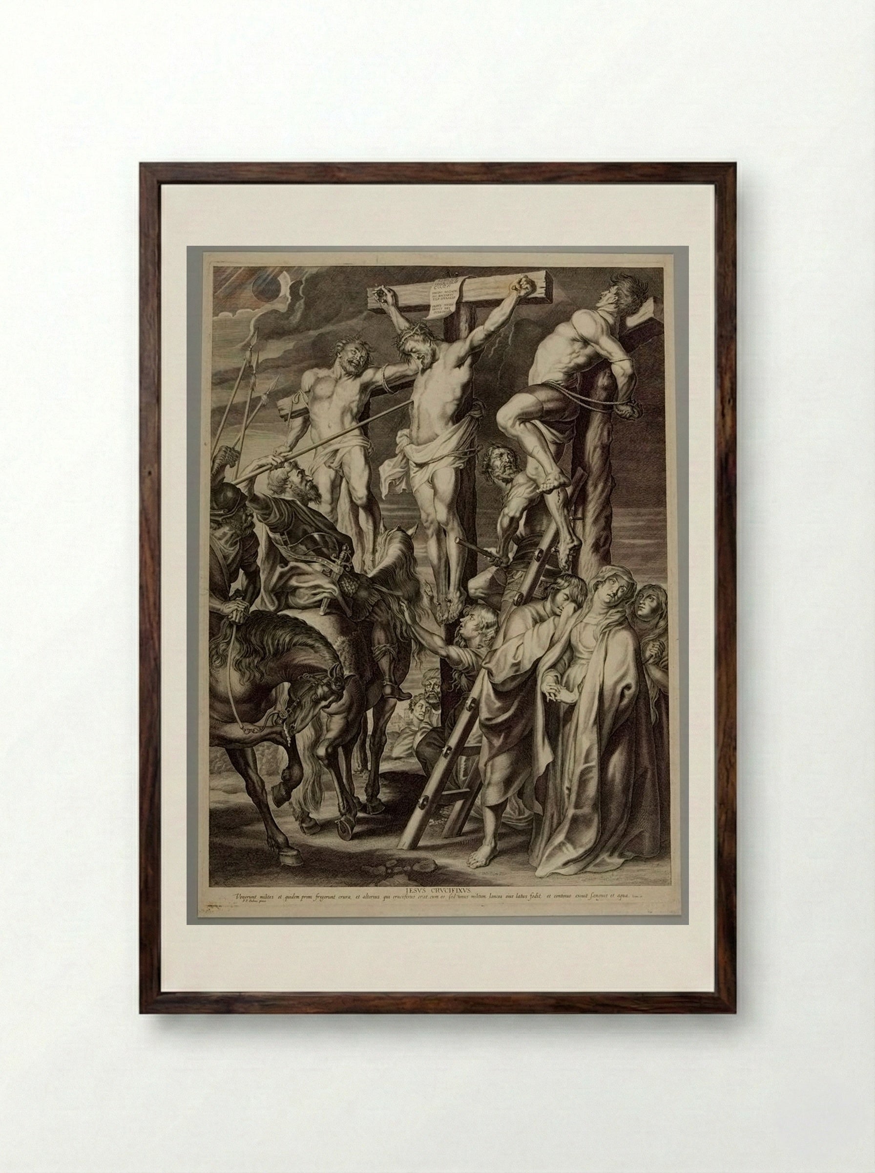 Christ on the Cross between Two Thieves - Boetius Adamsz. Bolswert - Framed Print Dark Wood