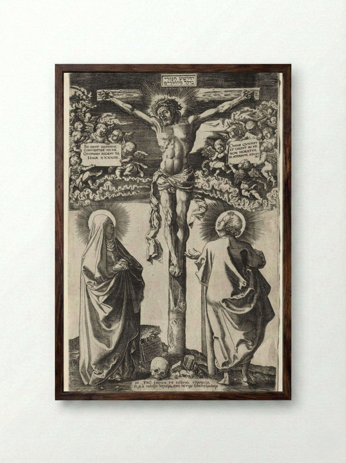 Christ on the Cross between the Virgin and St. John - Hans Brosamer - Framed Print Dark Wood