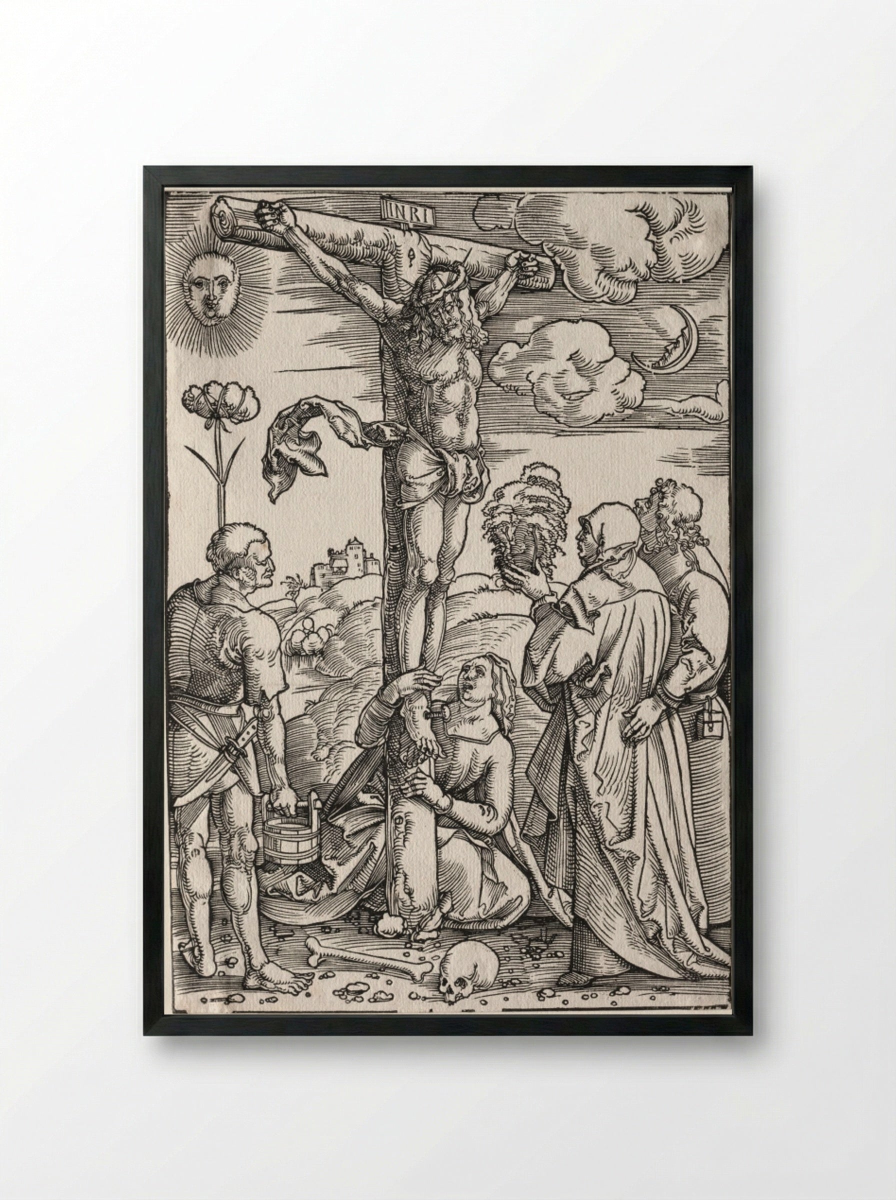 Christ on the Cross with Mary, St. John, Mary Magdalen and St. Stephen - Hans Baldung - Framed Print Black