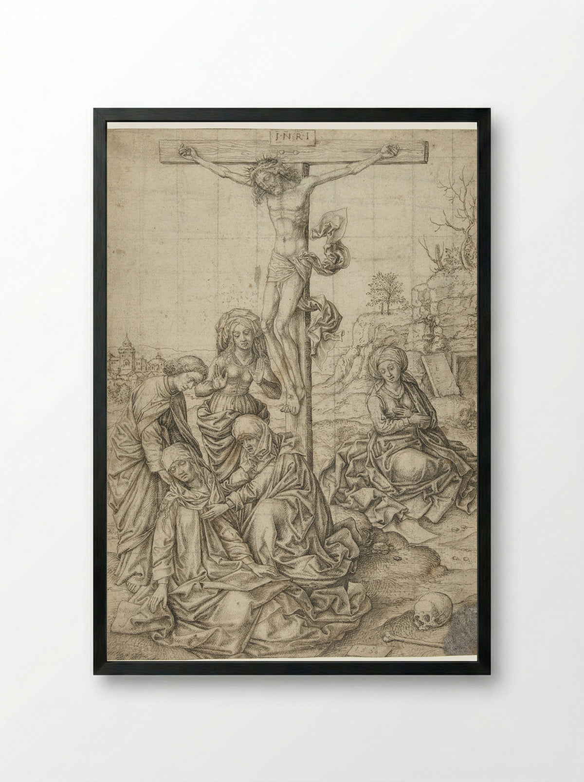 Christ on the Cross with Saint John, the Three Marys, and Mary Magdalene - Pieter Huys - Framed Print Black