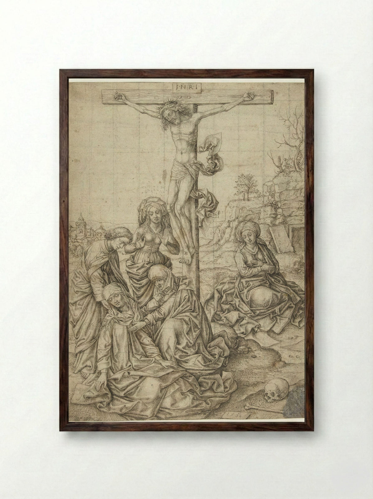 Christ on the Cross with Saint John, the Three Marys, and Mary Magdalene - Pieter Huys - Framed Print Dark Wood