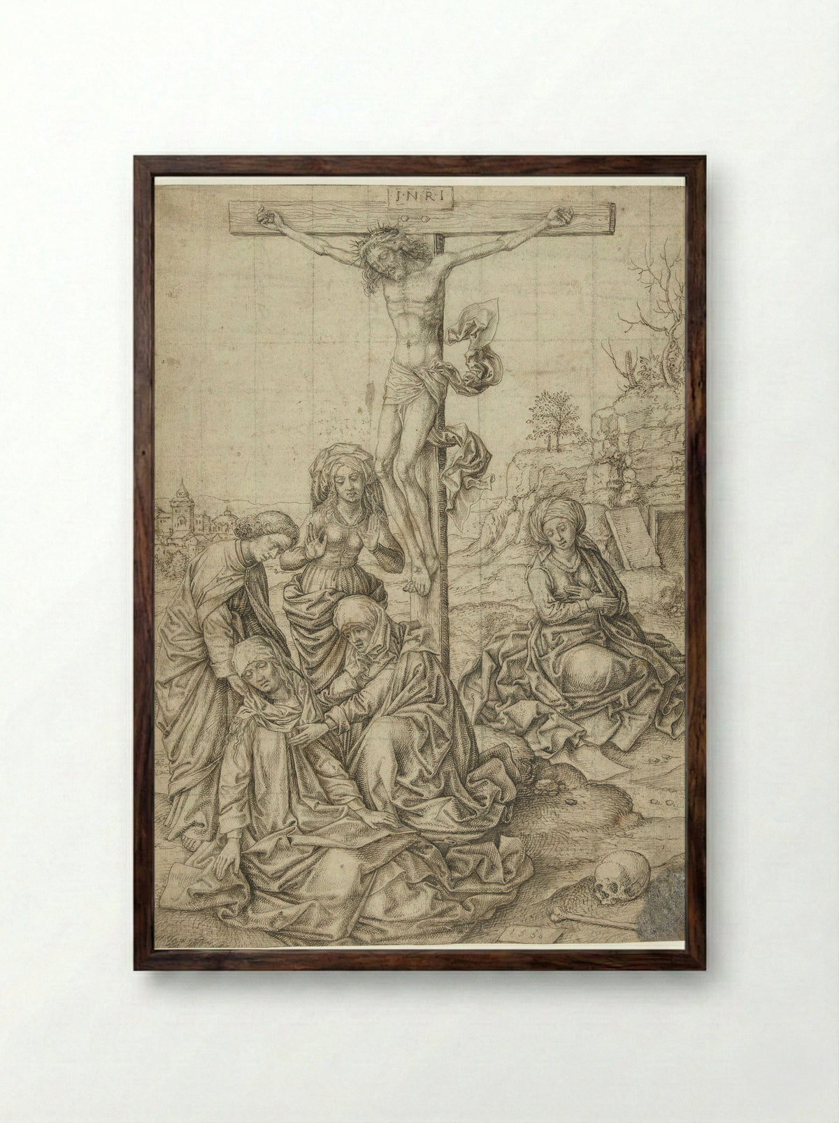 Christ on the Cross with Saint John, the Three Marys, and Mary Magdalene - Pieter Huys - Framed Print Dark Wood