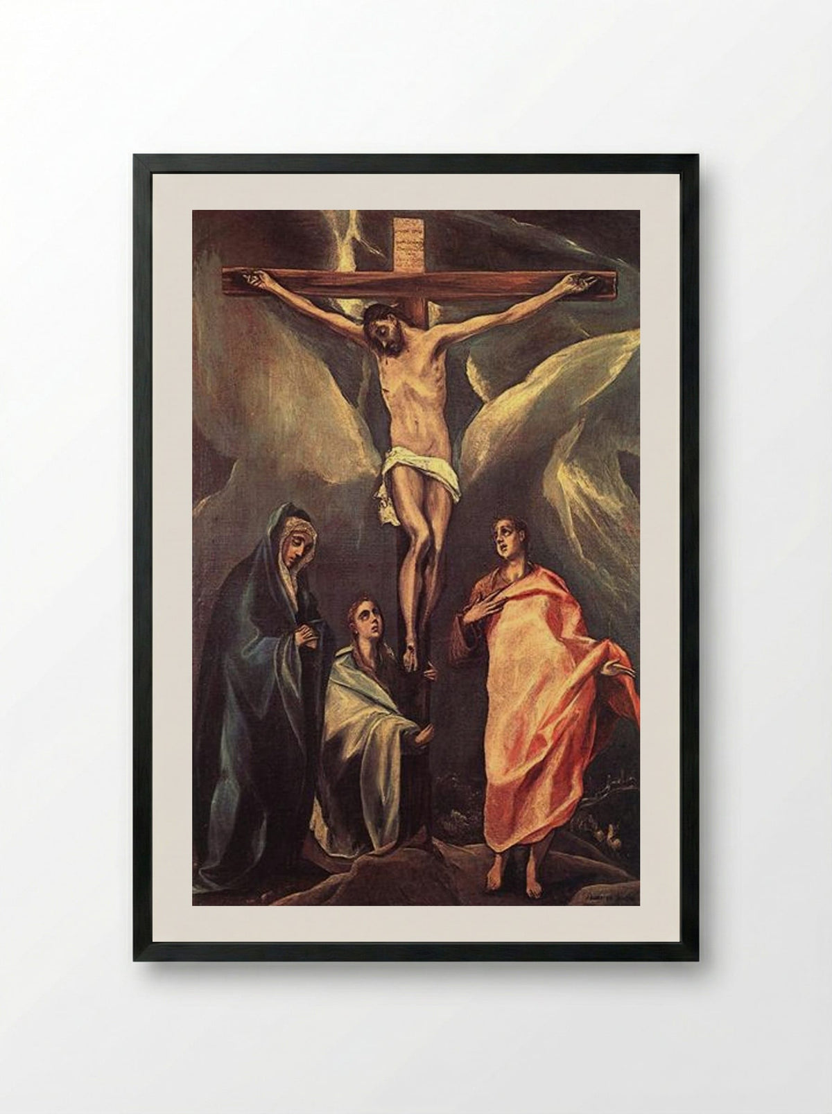 Christ on the Cross with the Virgin, Saint John, and Mary Magdalene - El Greco - Framed Print Black