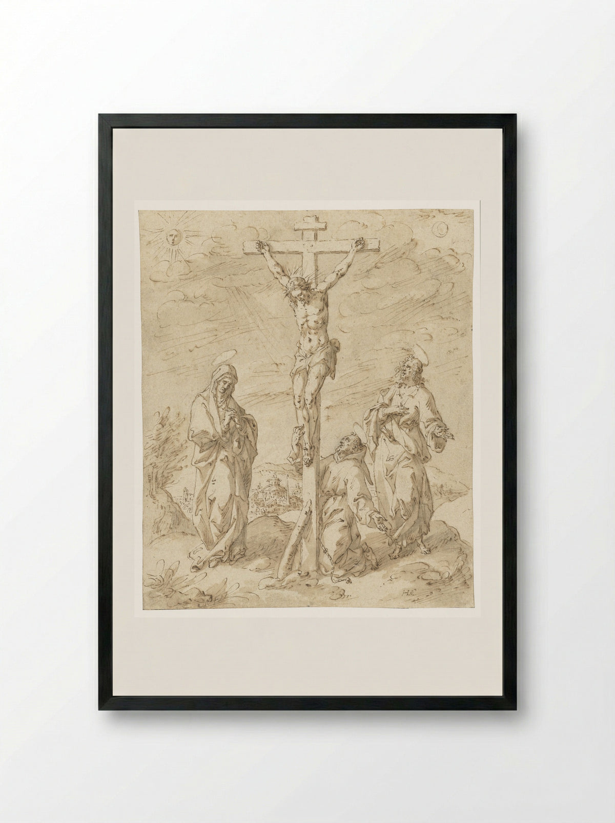 Christ on the Cross with the Virgin, Saint John the Evangelist, and Saint Francis - Hendrik de Clerck - Framed Print Black