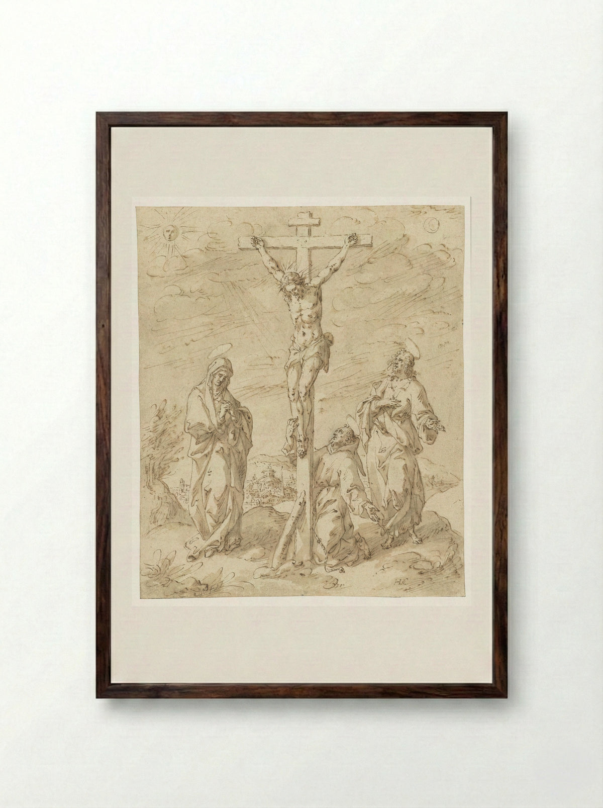 Christ on the Cross with the Virgin, Saint John the Evangelist, and Saint Francis - Hendrik de Clerck - Framed Print Dark Wood