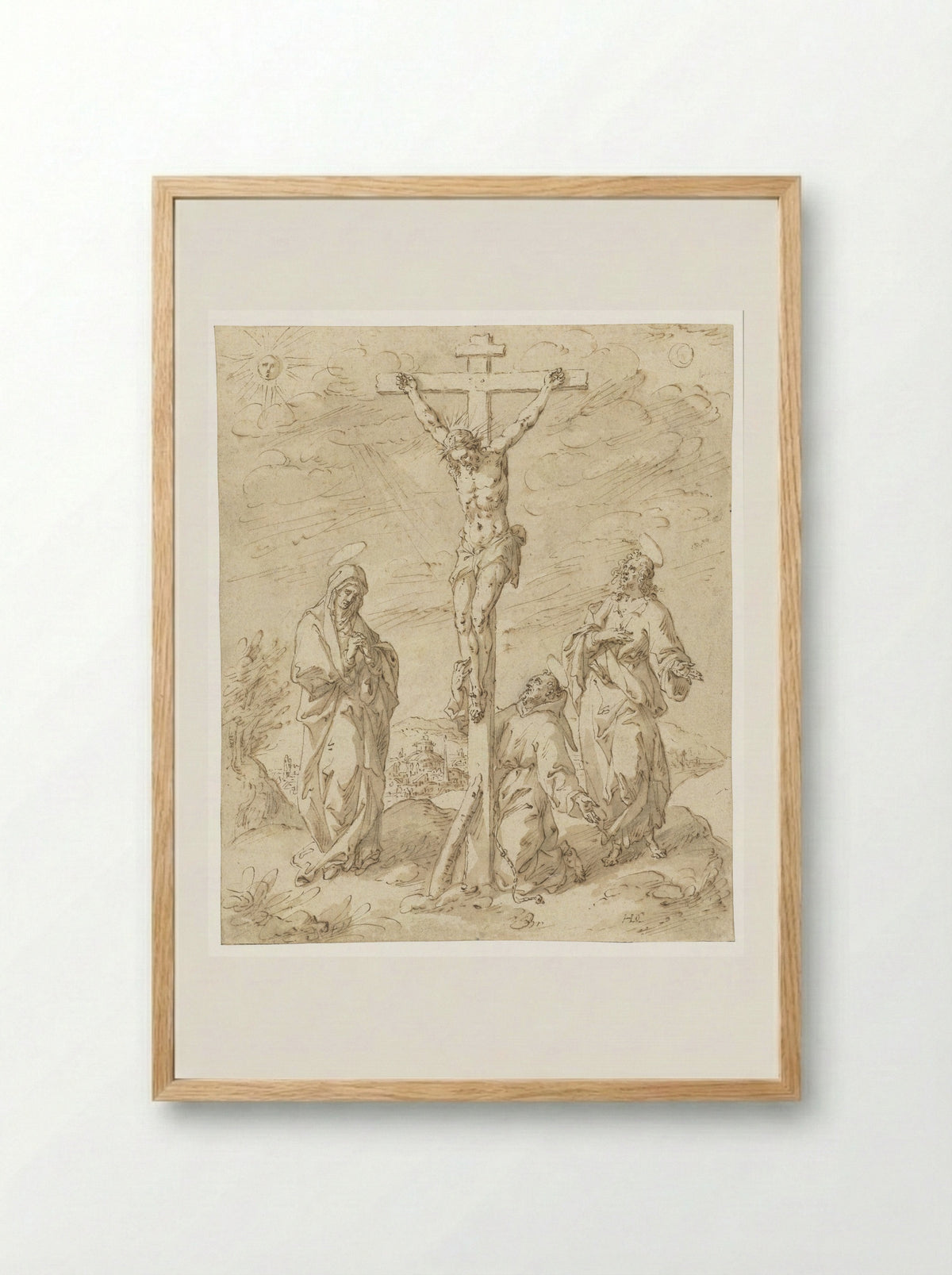 Christ on the Cross with the Virgin, Saint John the Evangelist, and Saint Francis - Hendrik de Clerck - Framed Print Wood