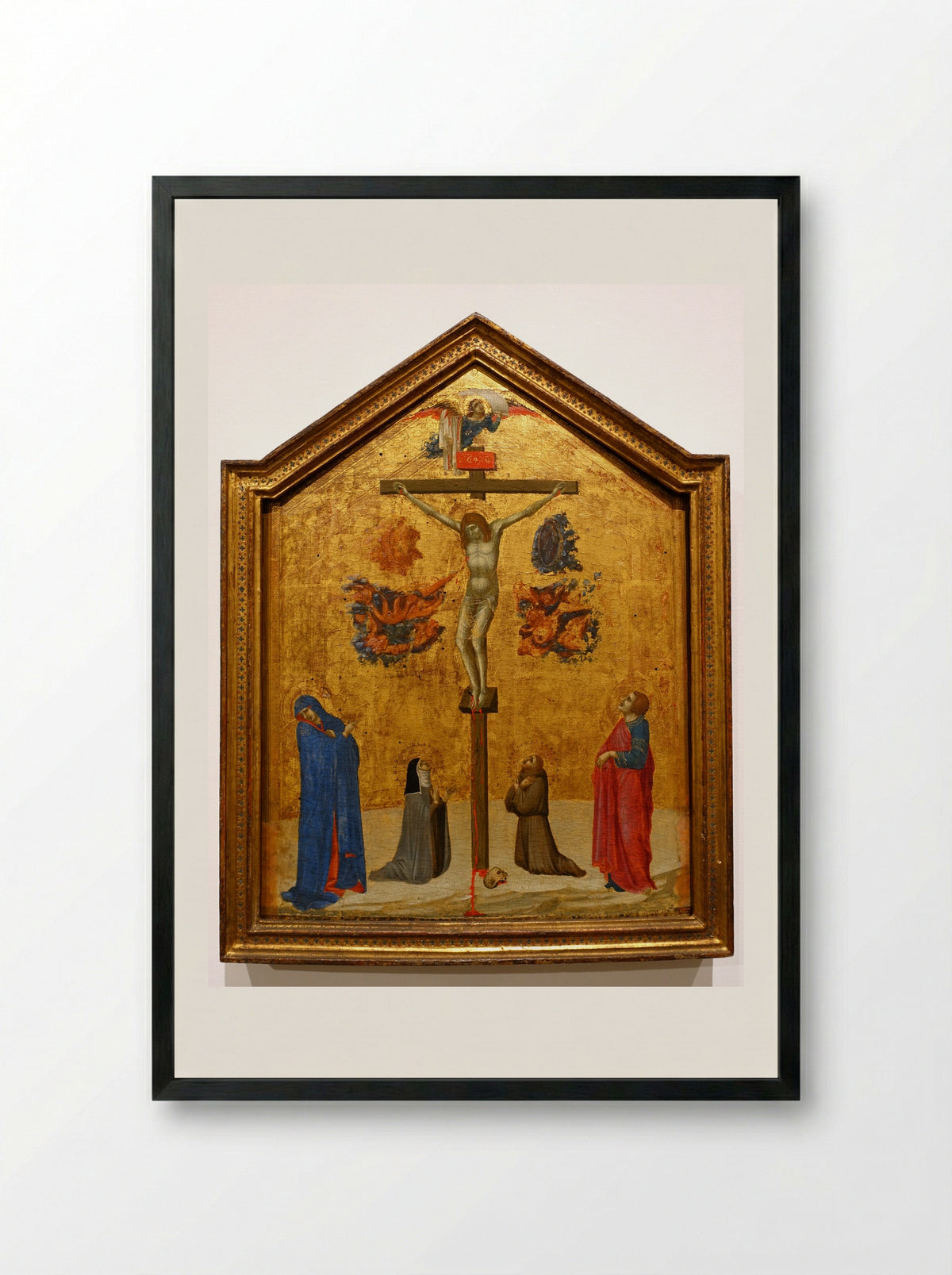 Christ on the Cross with the Virgin and Saints Clare, John the Evangelist, and Francis - Pietro Lorenzetti - Framed Print Black