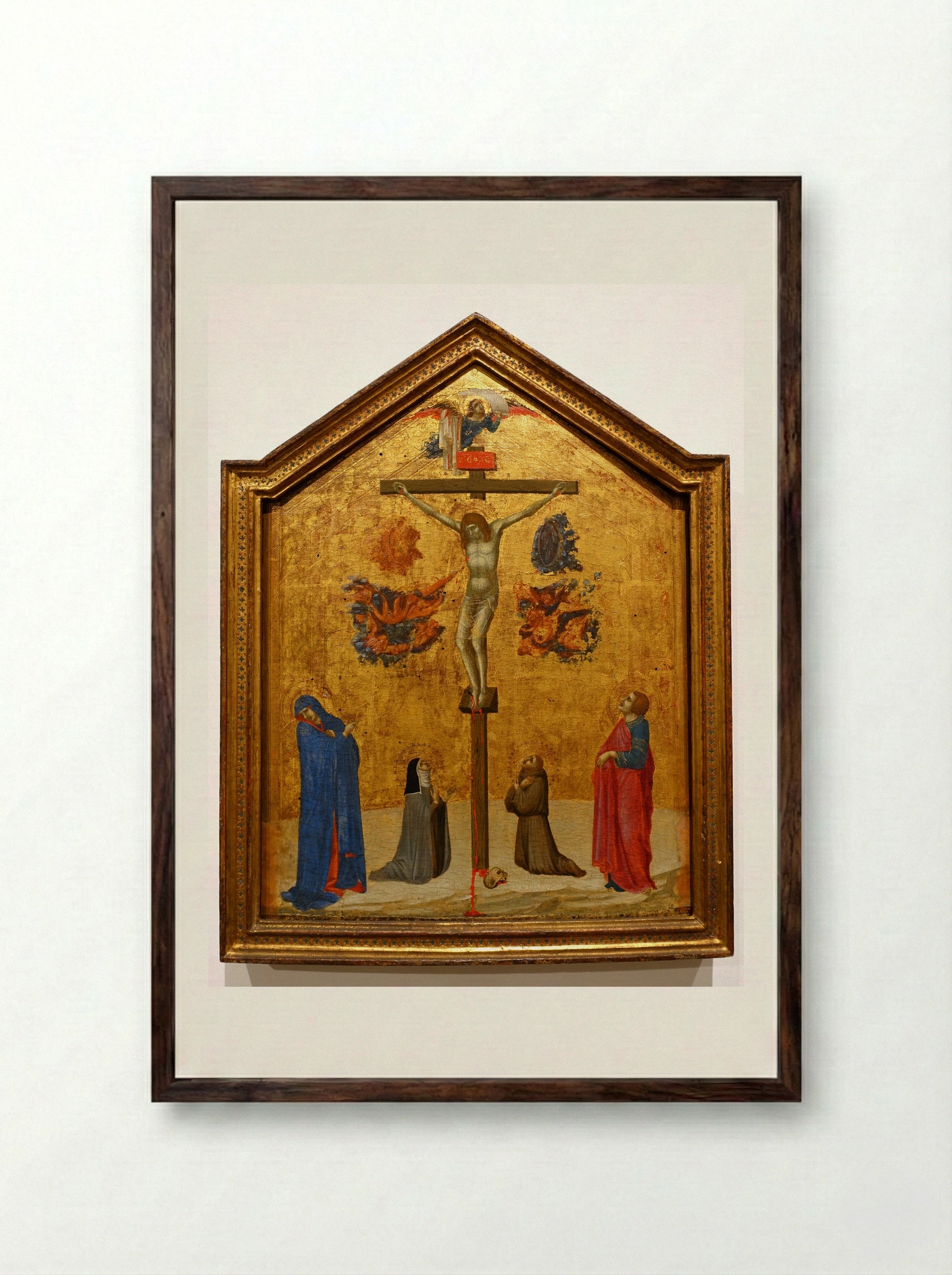 Christ on the Cross with the Virgin and Saints Clare, John the Evangelist, and Francis - Pietro Lorenzetti - Framed Print Dark Wood