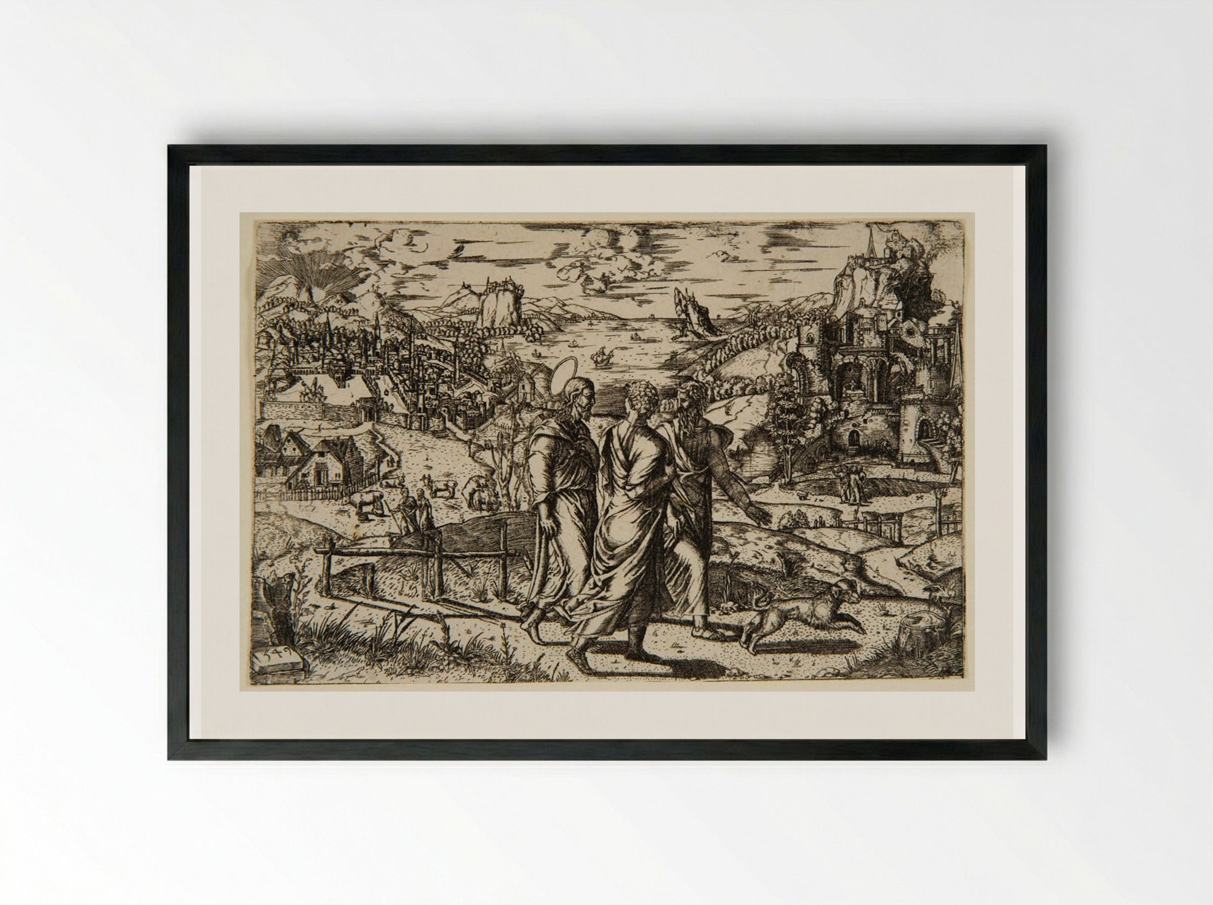 Christ on the Road to Emmaus - Theodor de Bry - Framed Print Black