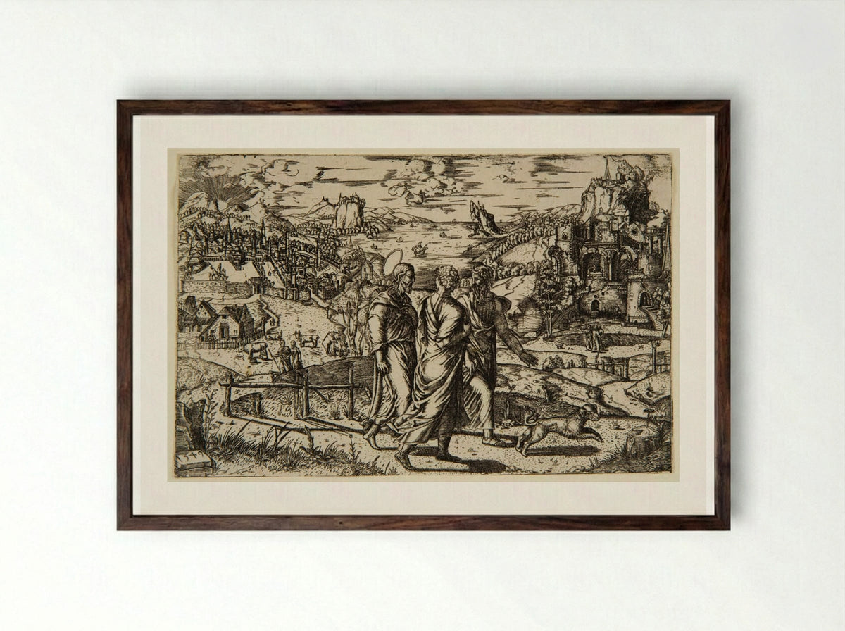 Christ on the Road to Emmaus - Theodor de Bry - Framed Print Dark Wood
