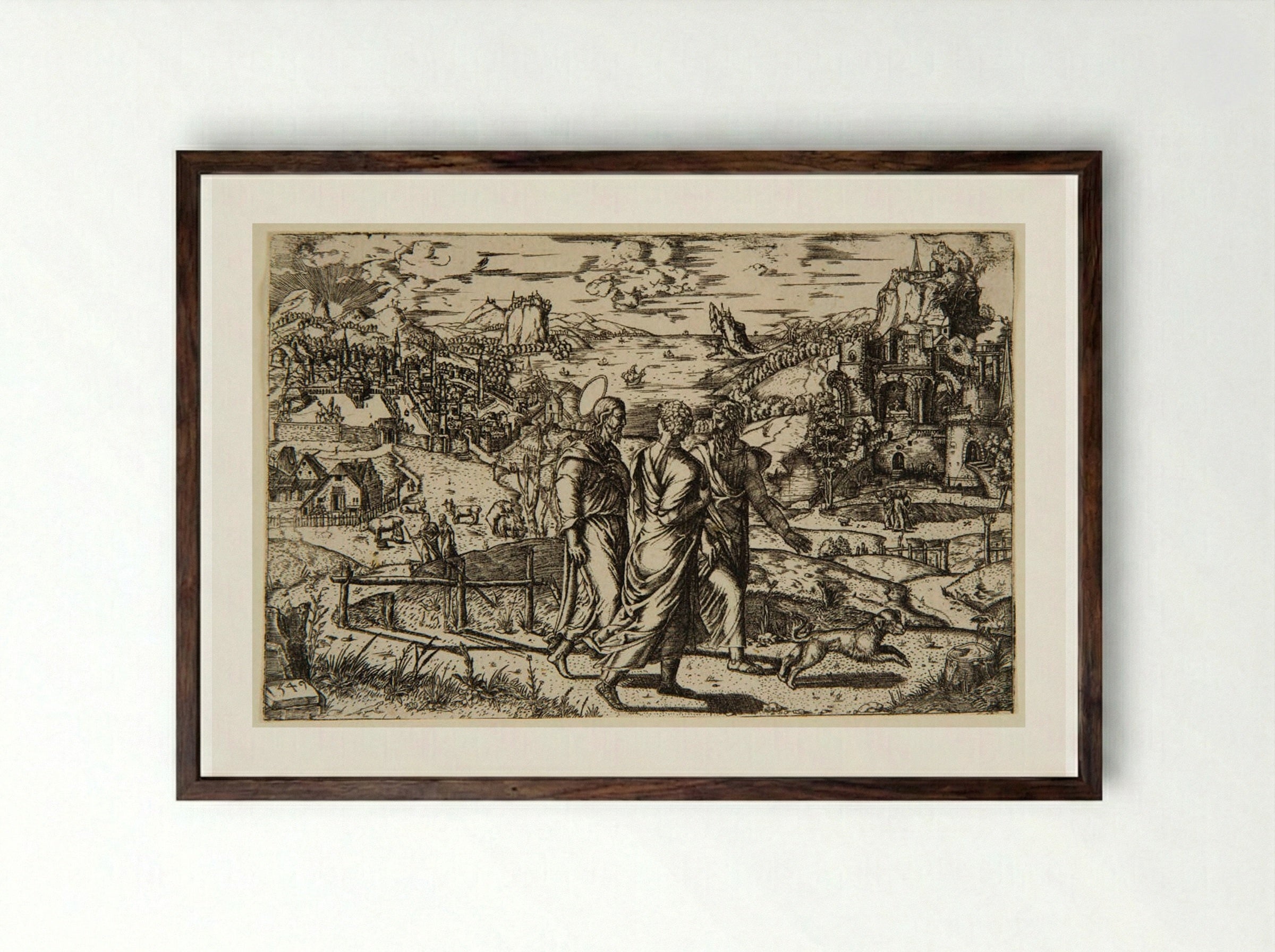 Christ on the Road to Emmaus - Theodor de Bry - Framed Print Dark Wood